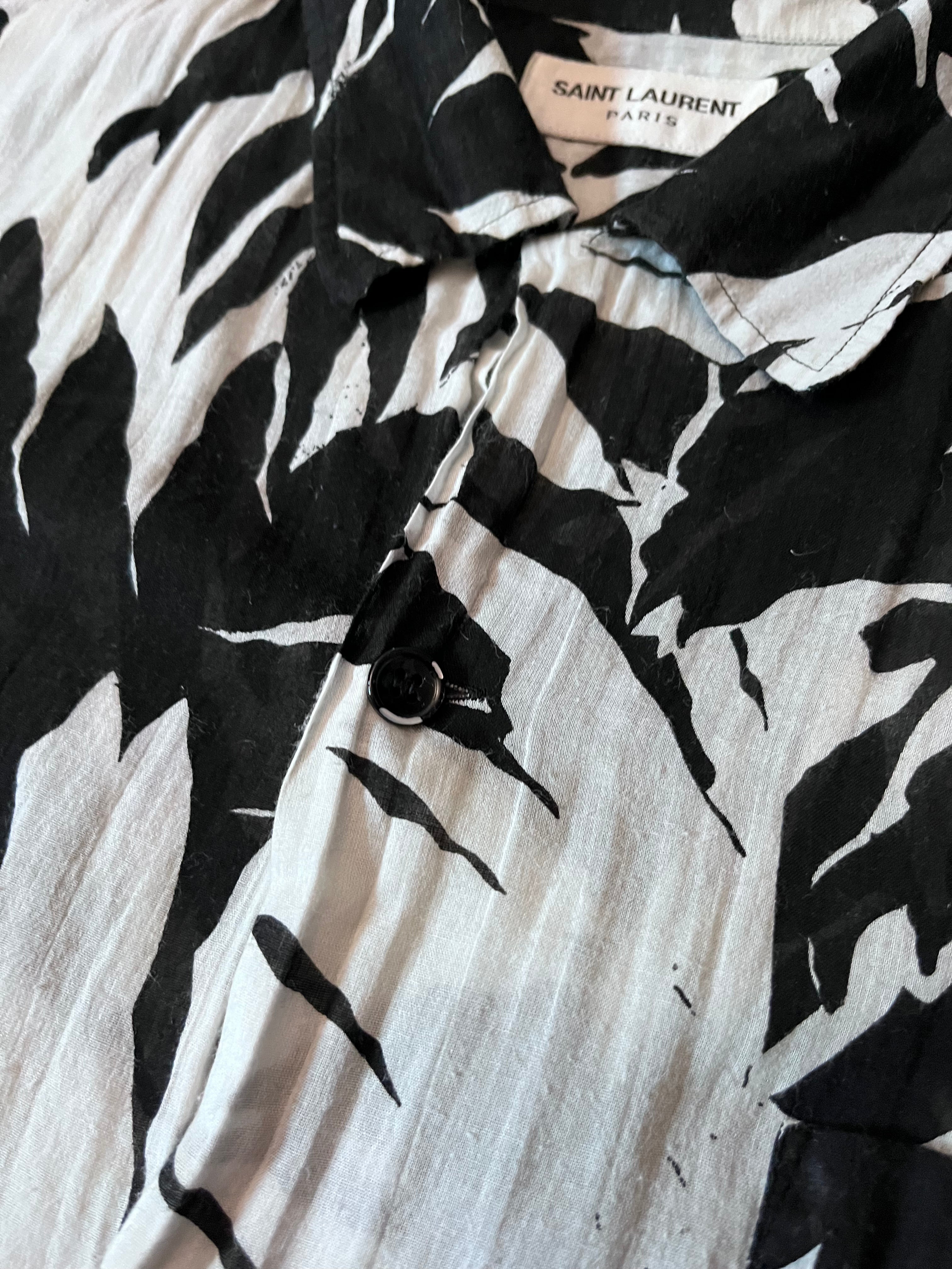 S/S 2016 Saint Laurent Paris Palm Tree Print Hawaiian Short Sleeve Shirt White Black Men - M
