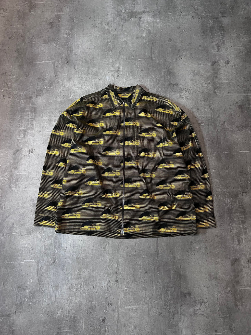 S/S 2015 Prada Racing All Over Print Light Jacket Zip Shirt Black Yellow Men - XL