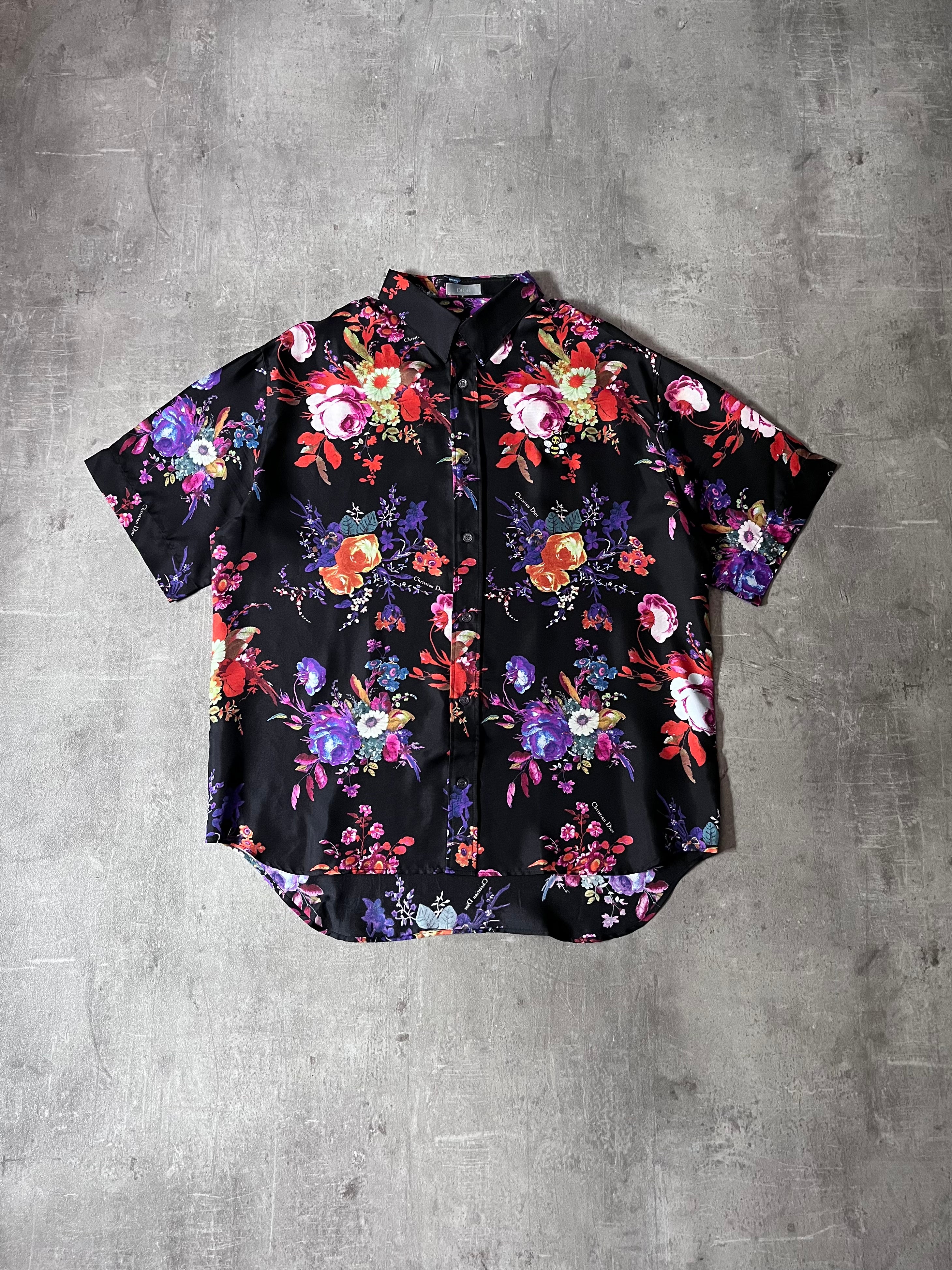 S/S 2019 Dior x Kaws Bouquet De Fleurs Print Silk Short Sleeve Shirt Multicolor Men - M
