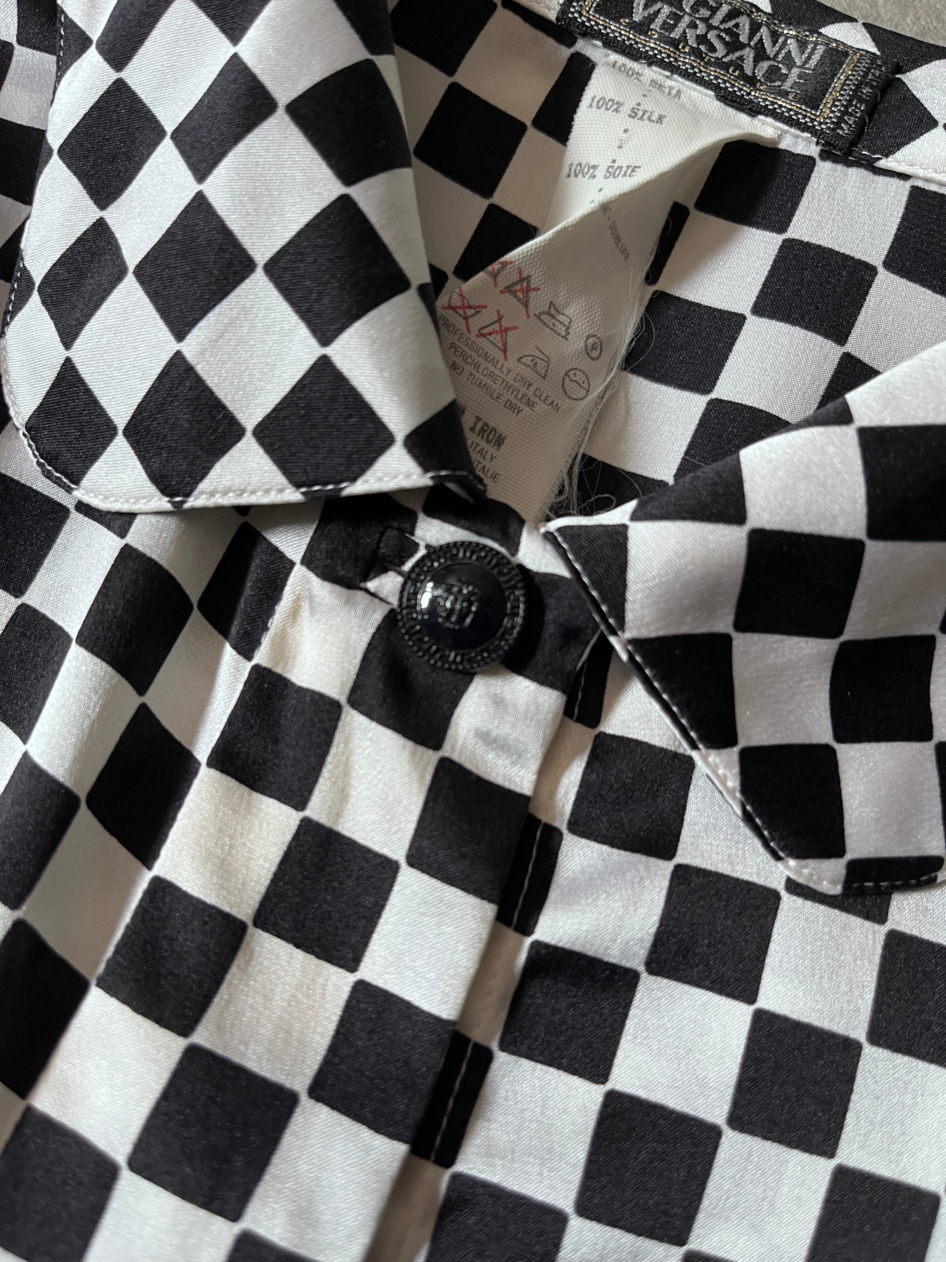 F/W 1995 Gianni Versace Checkered Silk Shirt Black White Women - S