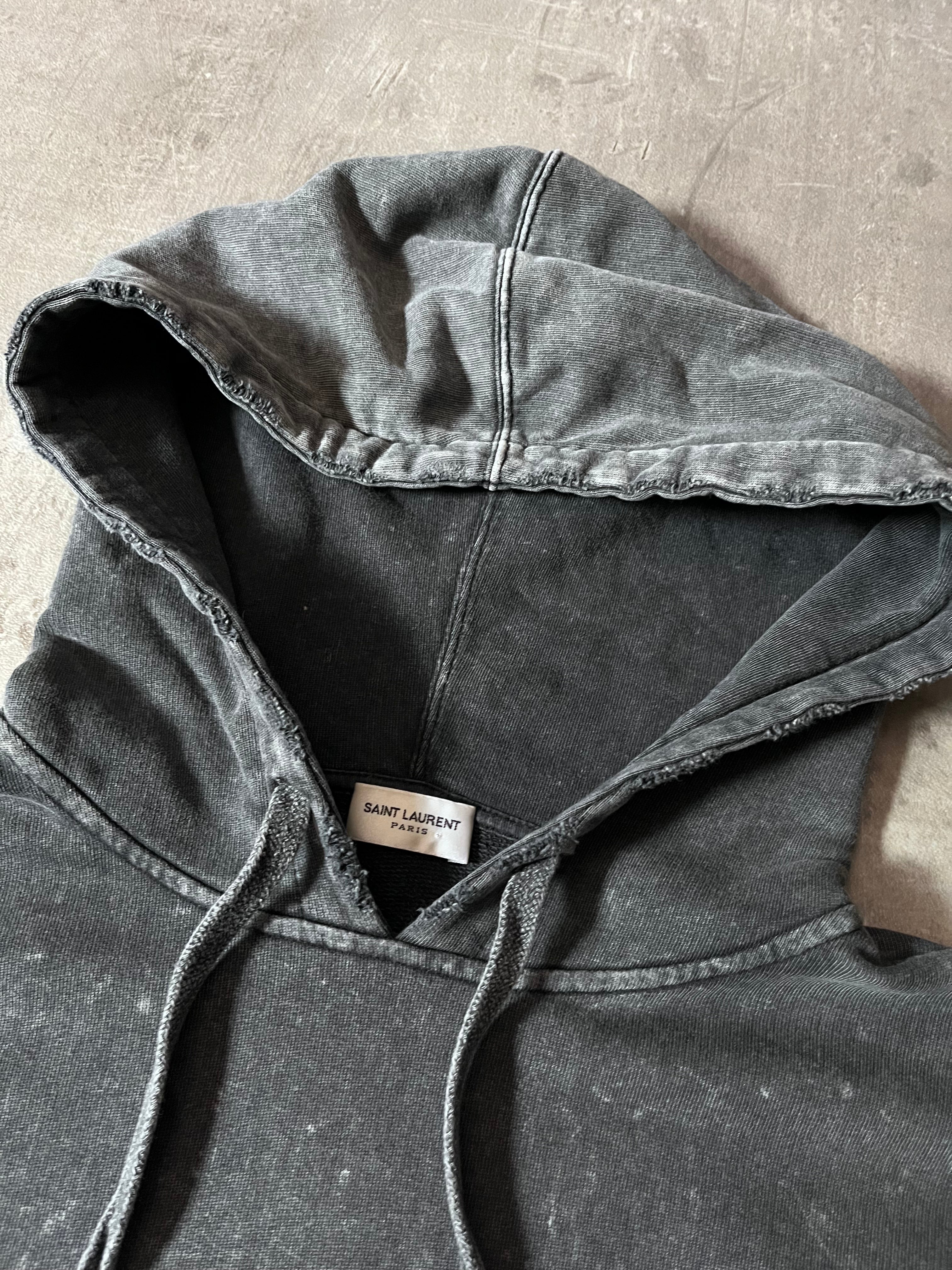 Saint Laurent Paris Acid Wash Front Logo Hoodie Grey Men - M