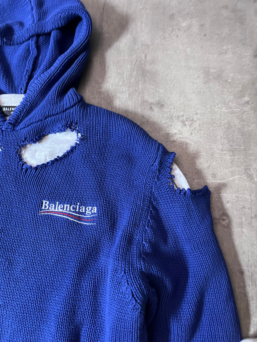 F/W 2021 Balenciaga Political Campaign Distressed Sweter Blue Grey - S