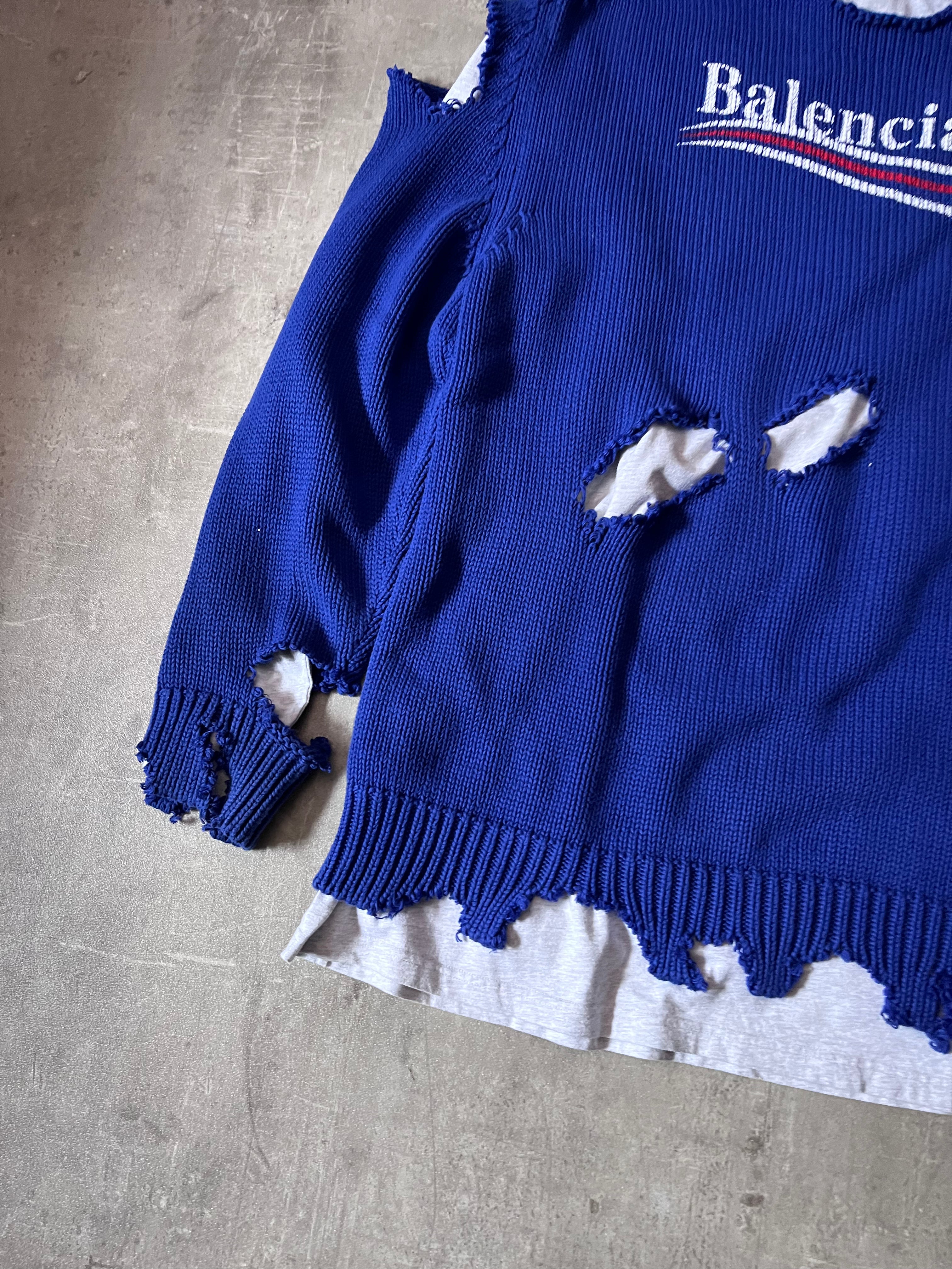 F/W 2021 Balenciaga Political Campaign Distressed Sweter Blue Grey - S