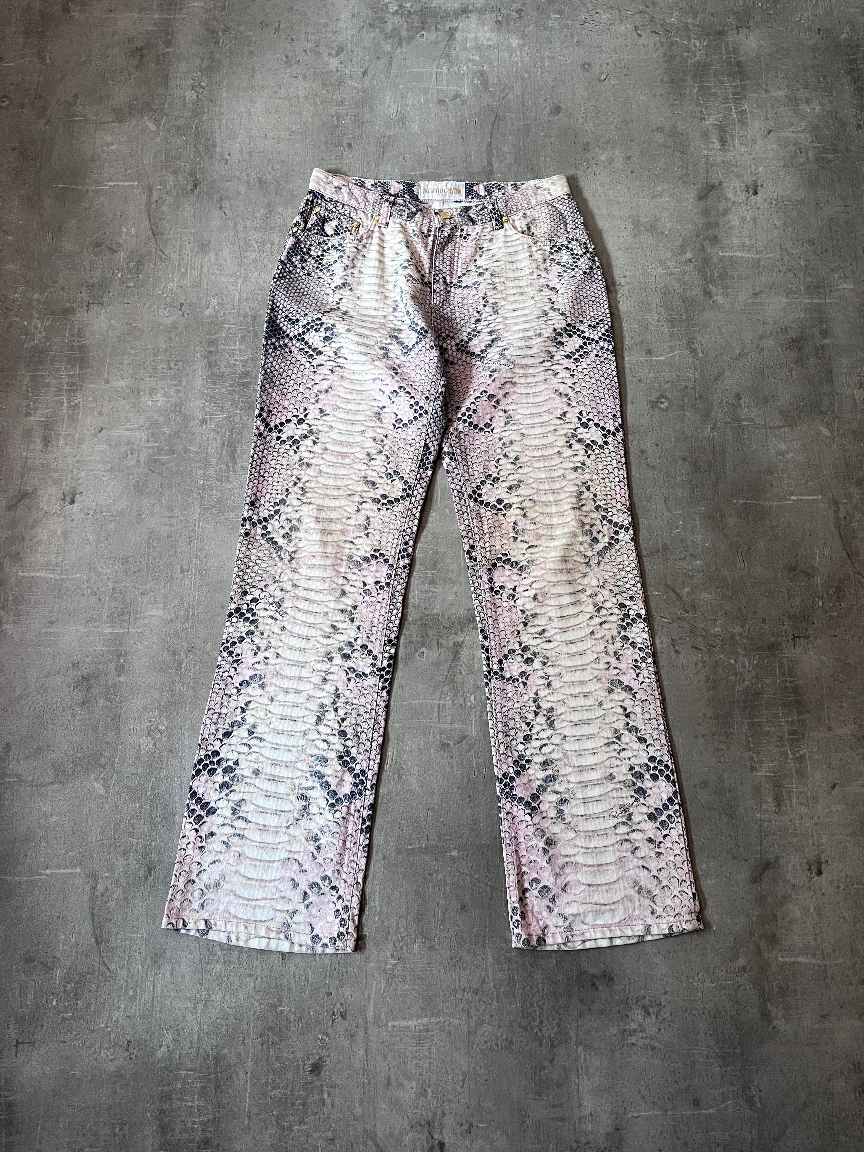 A/W 2002 Roberto Cavalli Python Effect Print Pants Beige Men - M