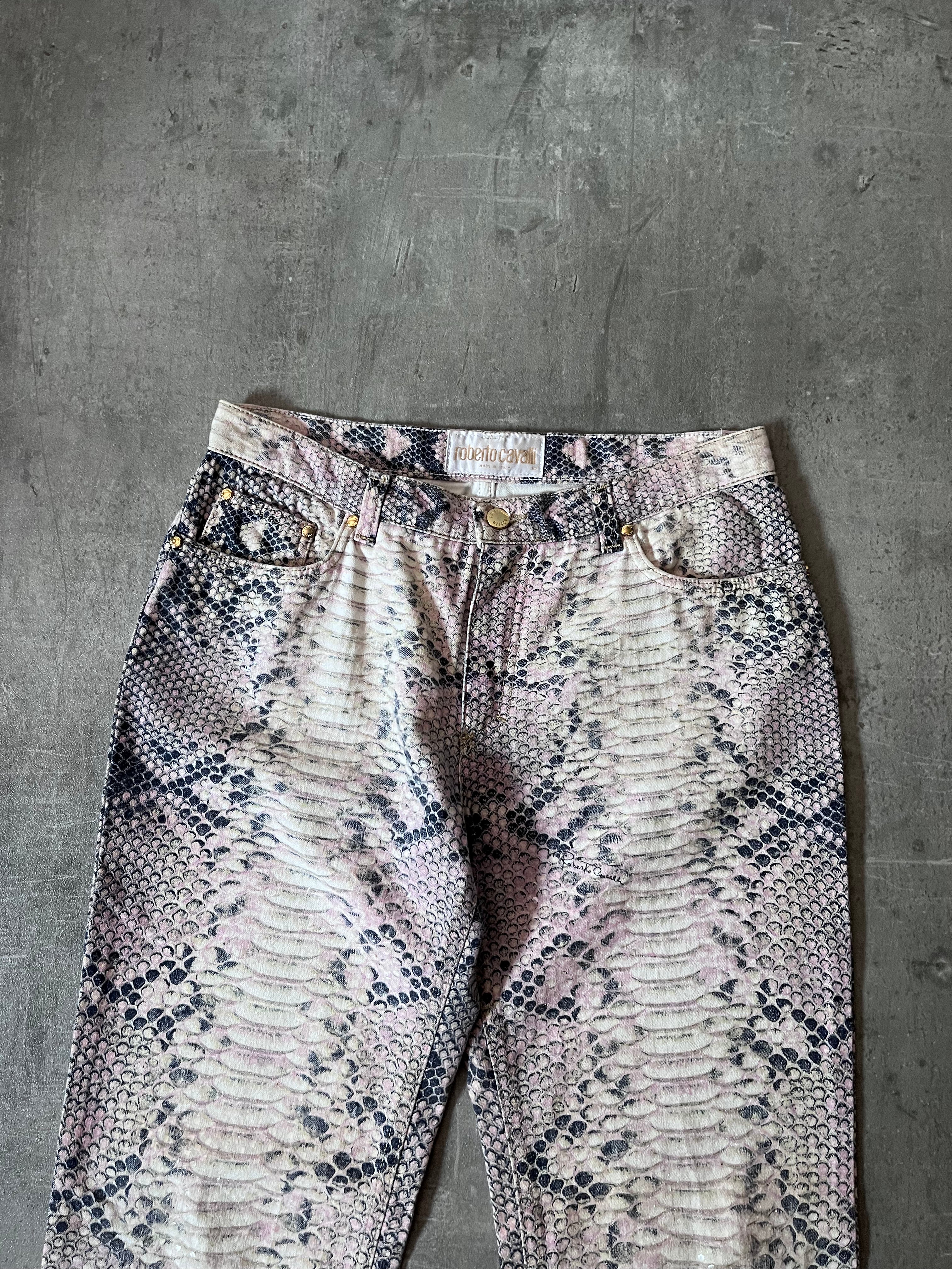A/W 2002 Roberto Cavalli Python Effect Print Pants Beige Men - M