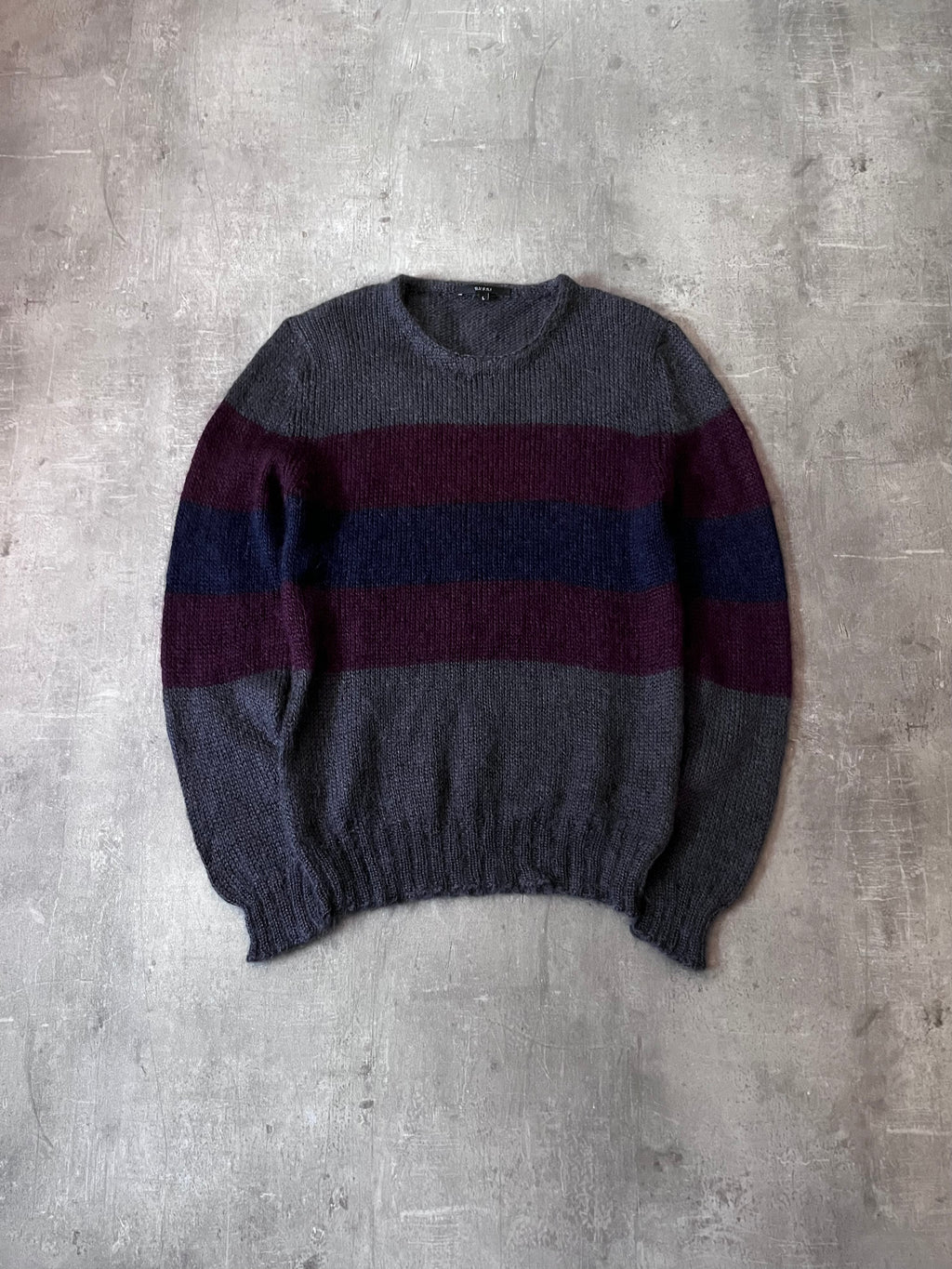 F/W 2011 Gucci Fuzzy Striped Mohair Silk Sweater Grey Burgundy Men - L