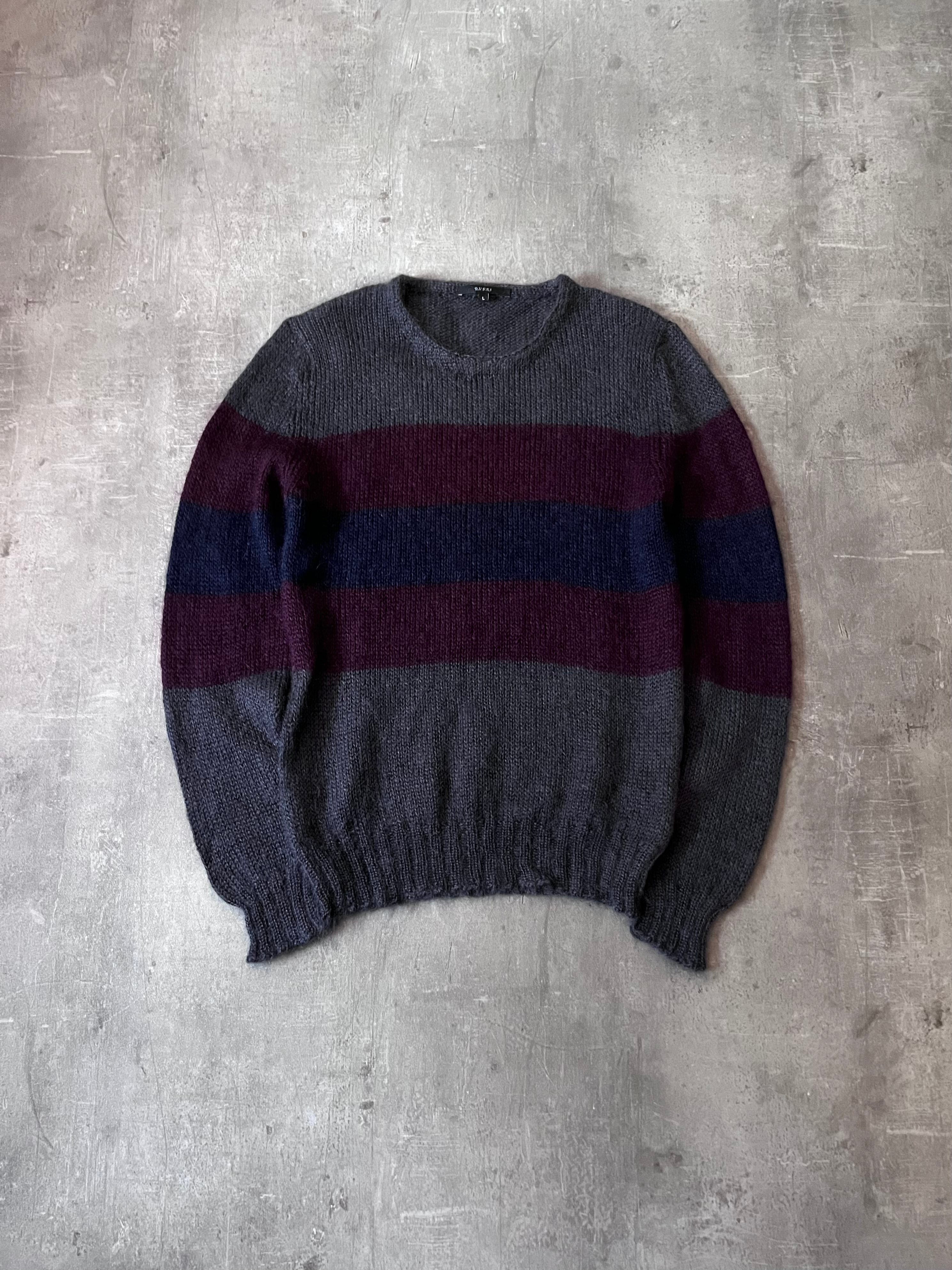 F/W 2011 Gucci Fuzzy Striped Mohair Silk Sweater Grey Burgundy Men - L
