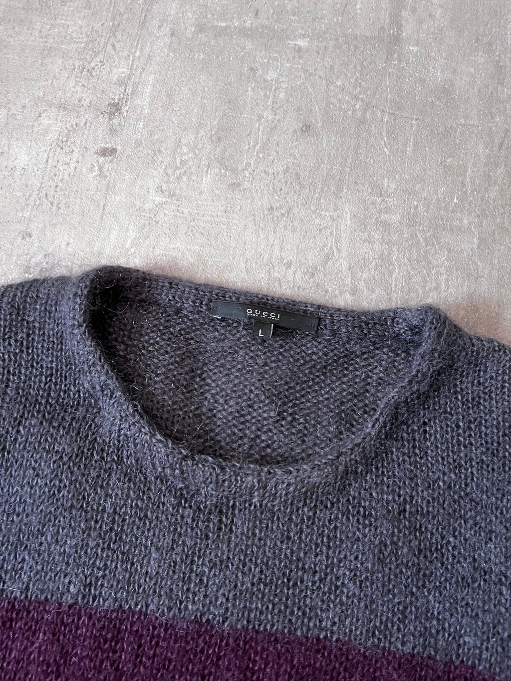 F/W 2011 Gucci Fuzzy Striped Mohair Silk Sweater Grey Burgundy Men - L