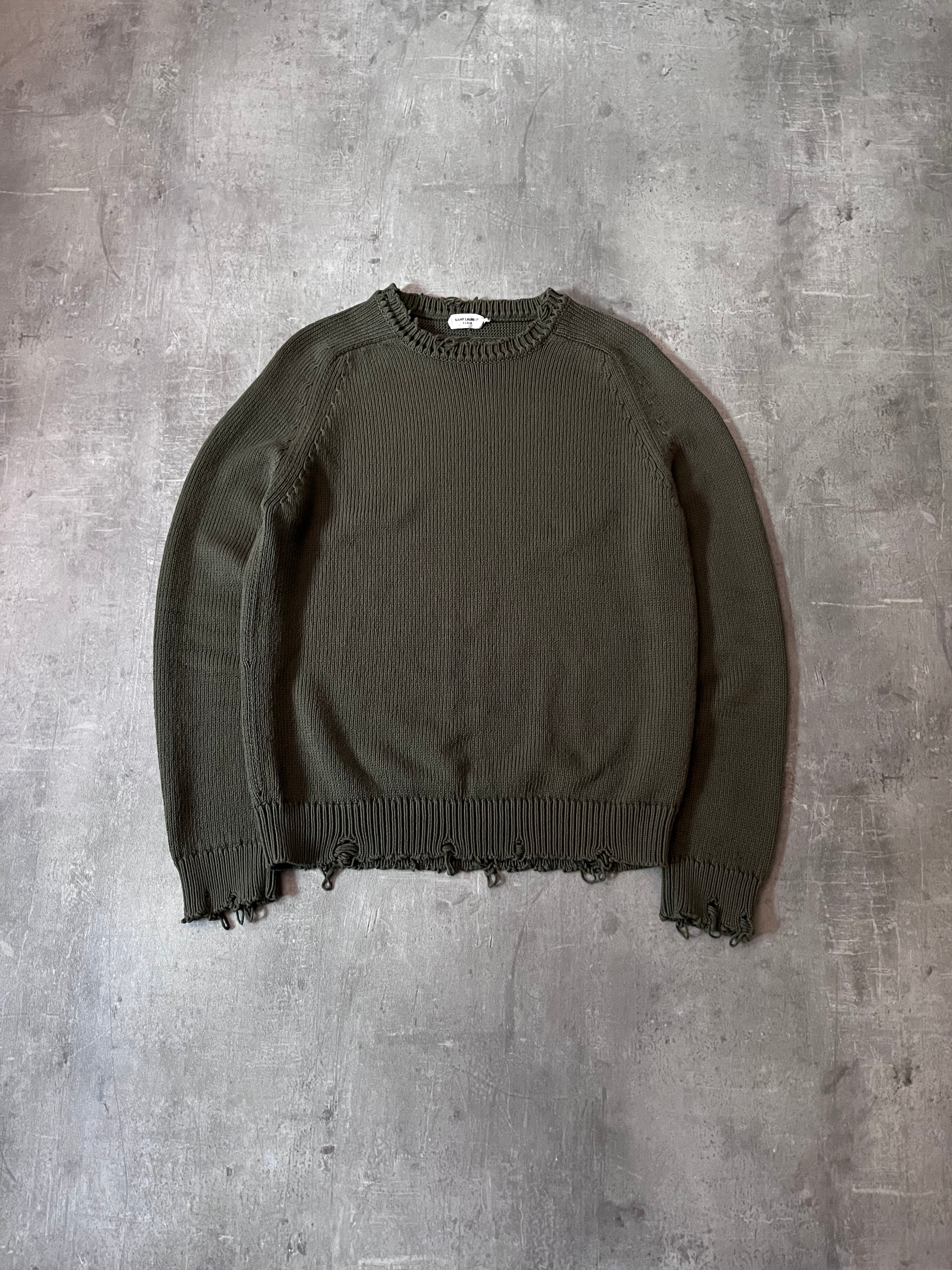 Saint Laurent Distressed Cotton Sweater Green Men - L