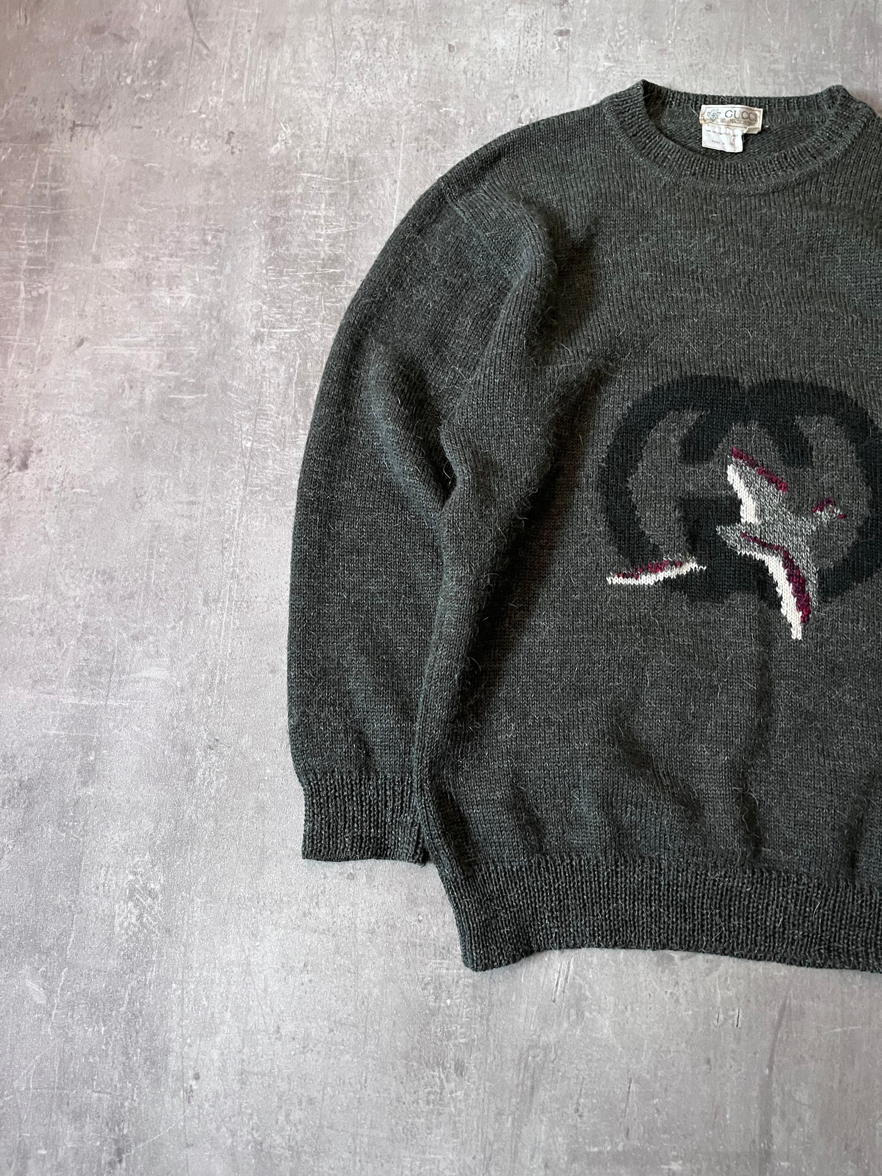 1980s Gucci GG Bird Logo Wool Sweater Green Unisex -M