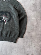 1980s Gucci GG Bird Logo Wool Sweater Green Unisex -M