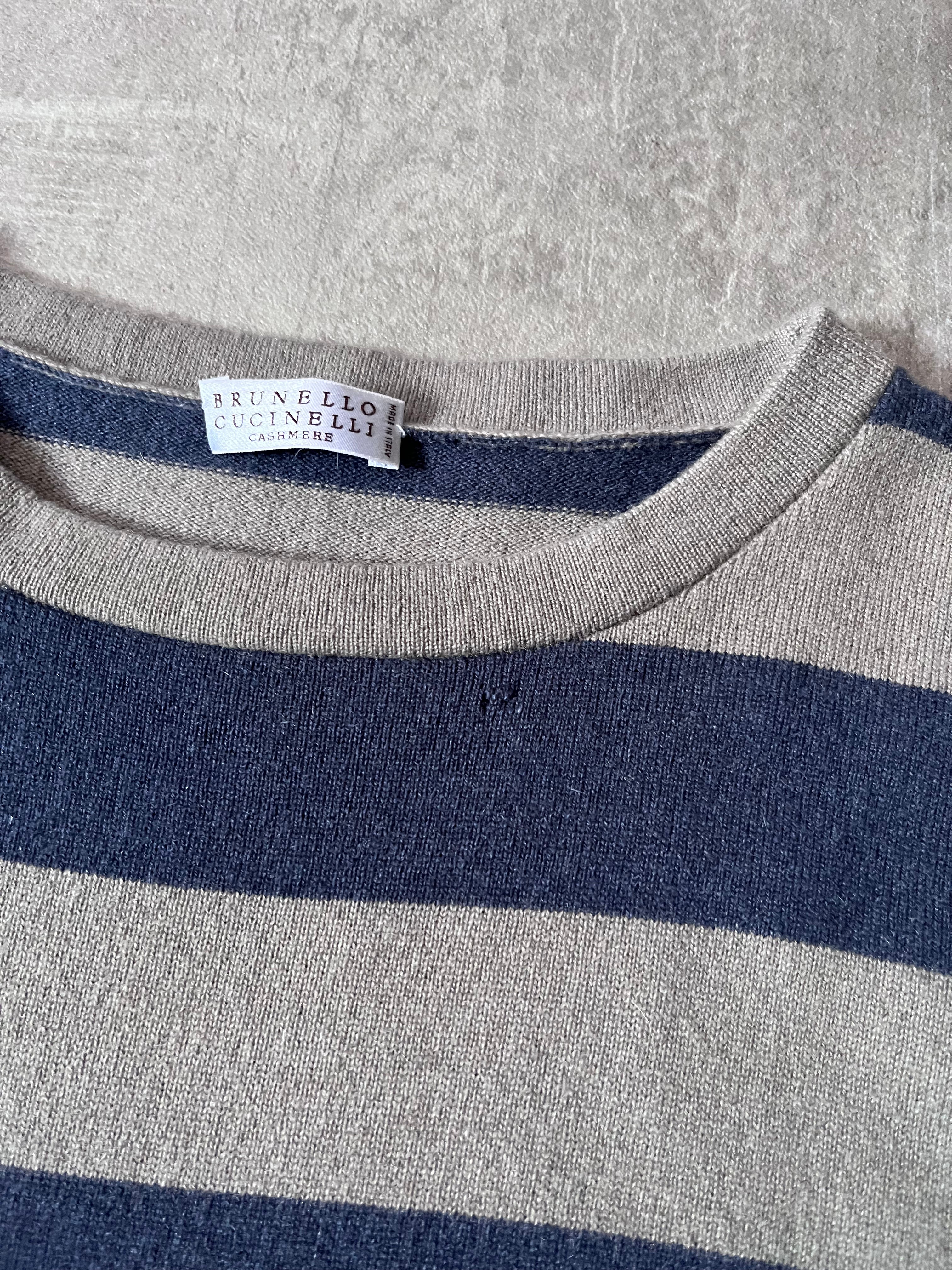 Brunello Cucinelli Cashmere Striped T-shirt Grey Blue Women - M