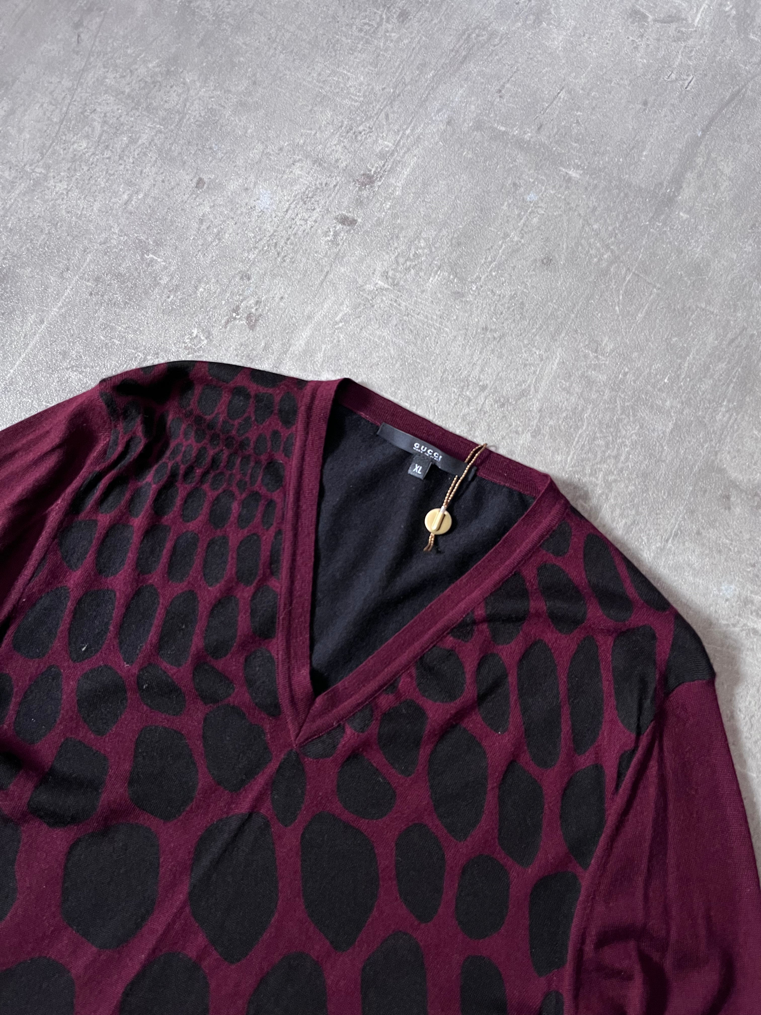 F/W 2009 Gucci Cashmere V-Neck Animal Print Sweater Burgundy Black Unisex - XL