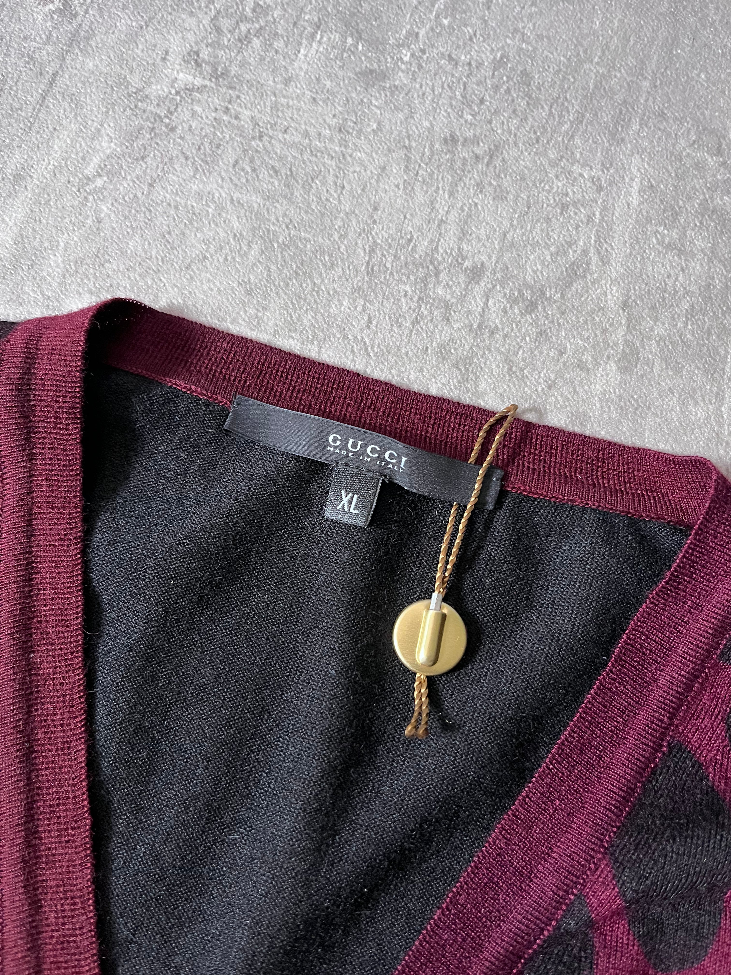 F/W 2009 Gucci Cashmere V-Neck Animal Print Sweater Burgundy Black Unisex - XL