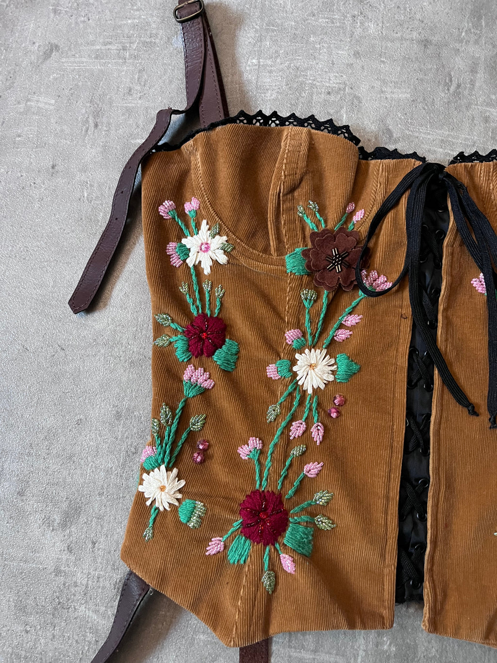 F/W 2002 Dolce & Gabbana Corduroy Embroidery Flower Corset Brown Women - L