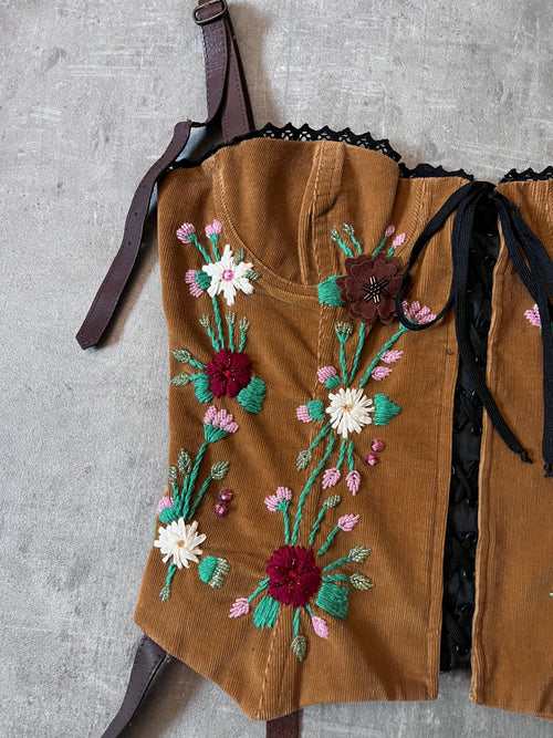 F/W 2002 Dolce & Gabbana Corduroy Embroidery Flower Corset Brown Women - L