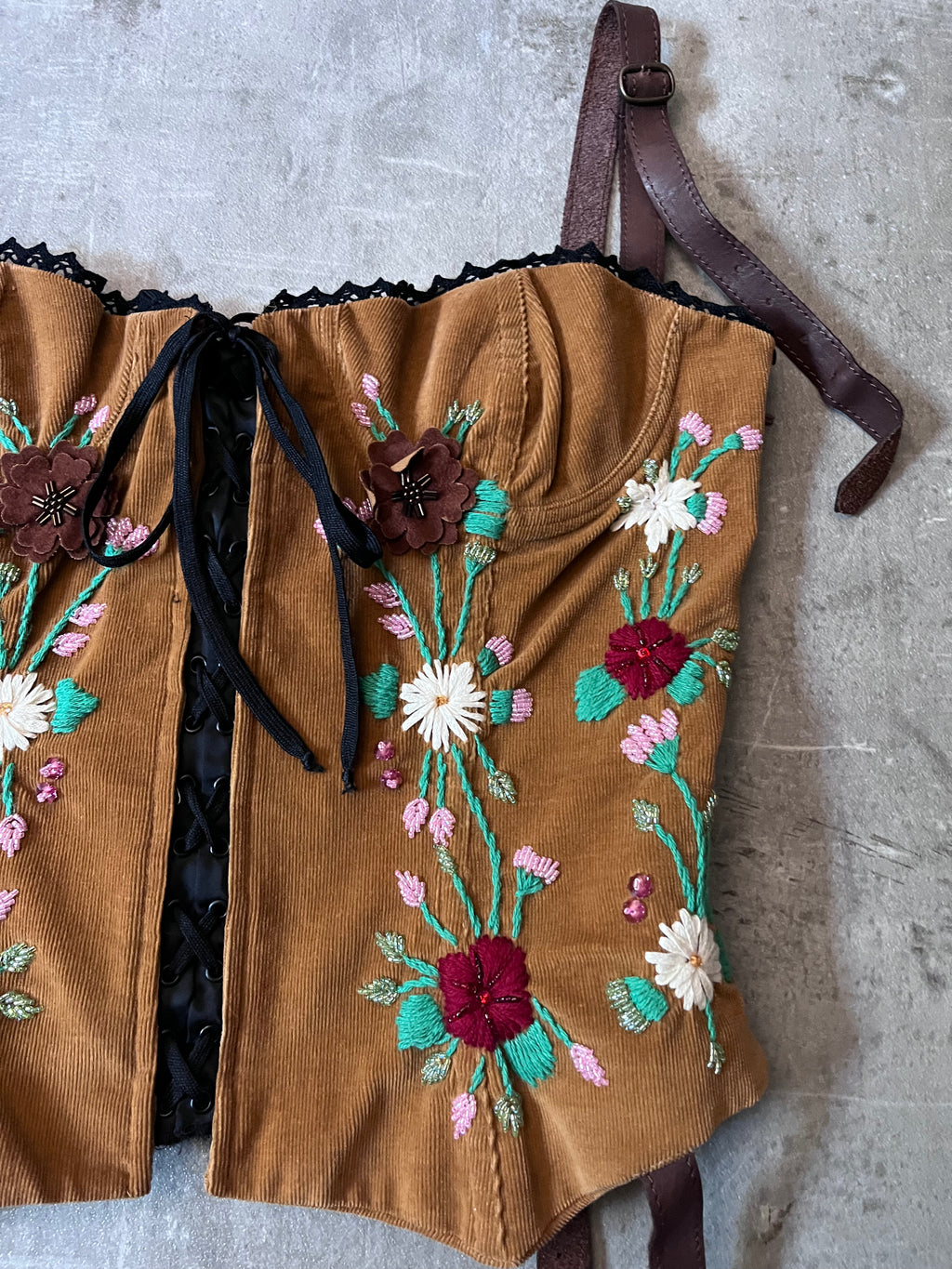 F/W 2002 Dolce & Gabbana Corduroy Embroidery Flower Corset Brown Women - L