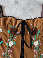 F/W 2002 Dolce & Gabbana Corduroy Embroidery Flower Corset Brown Women - L