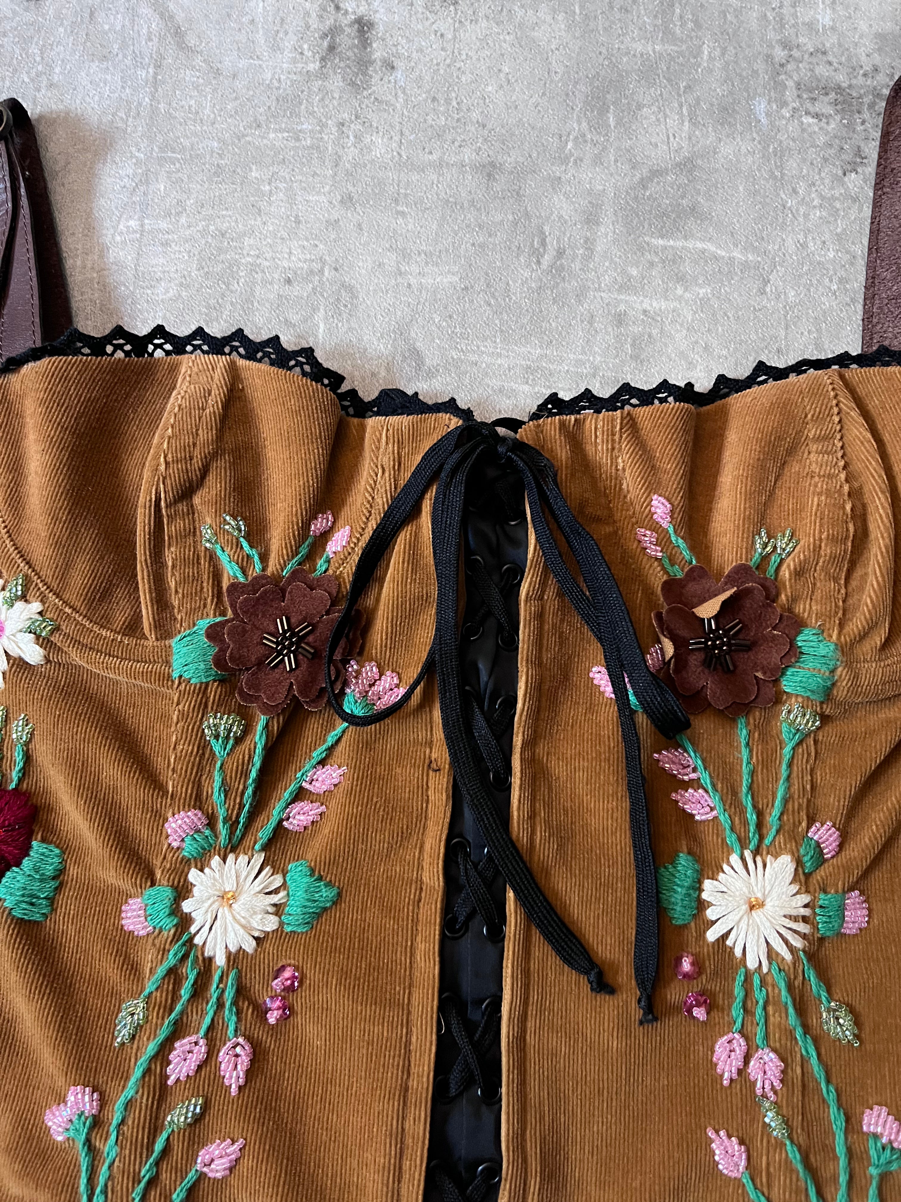 F/W 2002 Dolce & Gabbana Corduroy Embroidery Flower Corset Brown Women - L