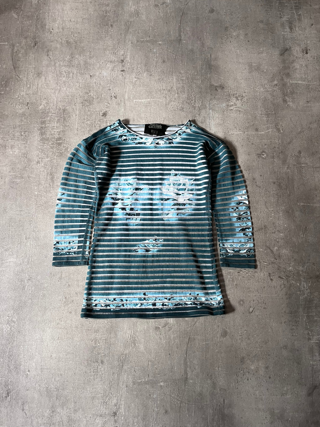 Jean Paul Gaultier Vintage Aqua Flower Mesh Top Striped 3/4 Long Sleeve Blue Women - M