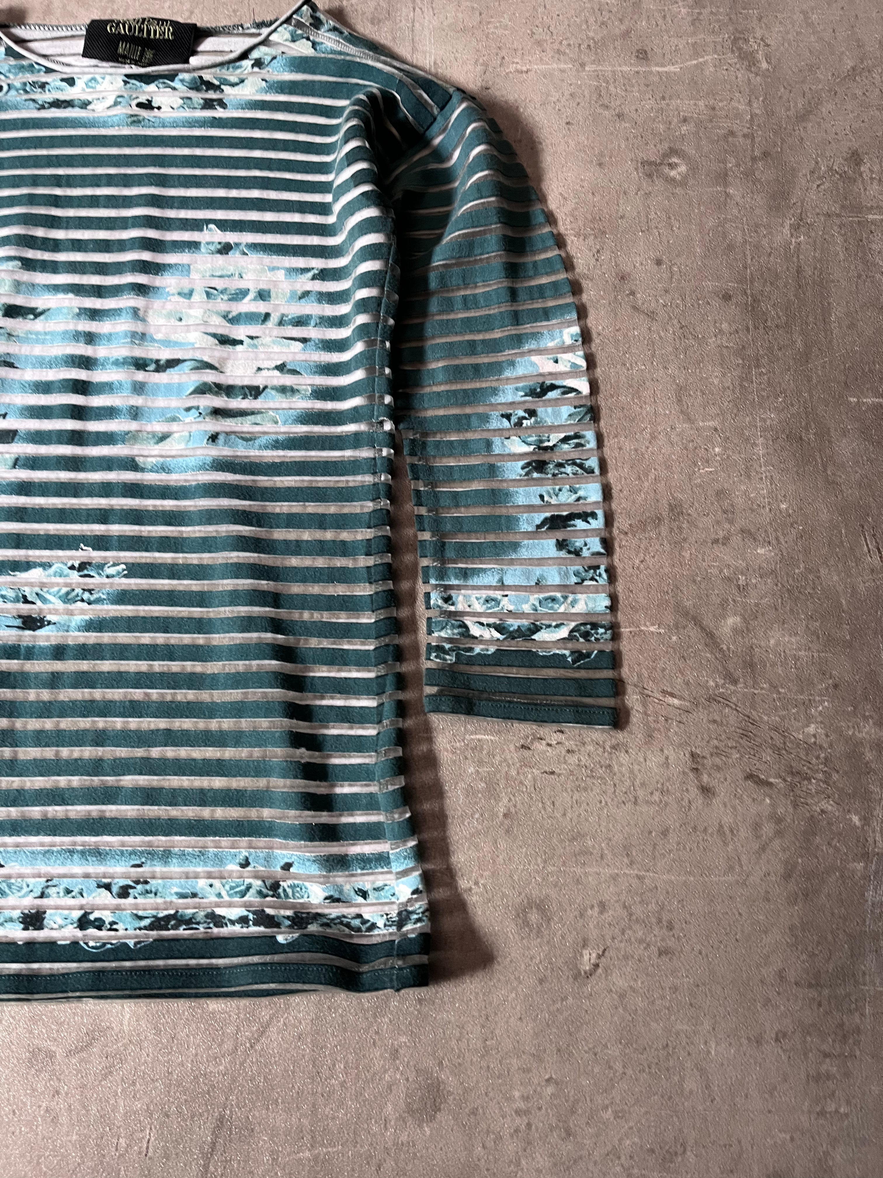 Jean Paul Gaultier Vintage Aqua Flower Mesh Top Striped 3/4 Long Sleeve Blue Women - M