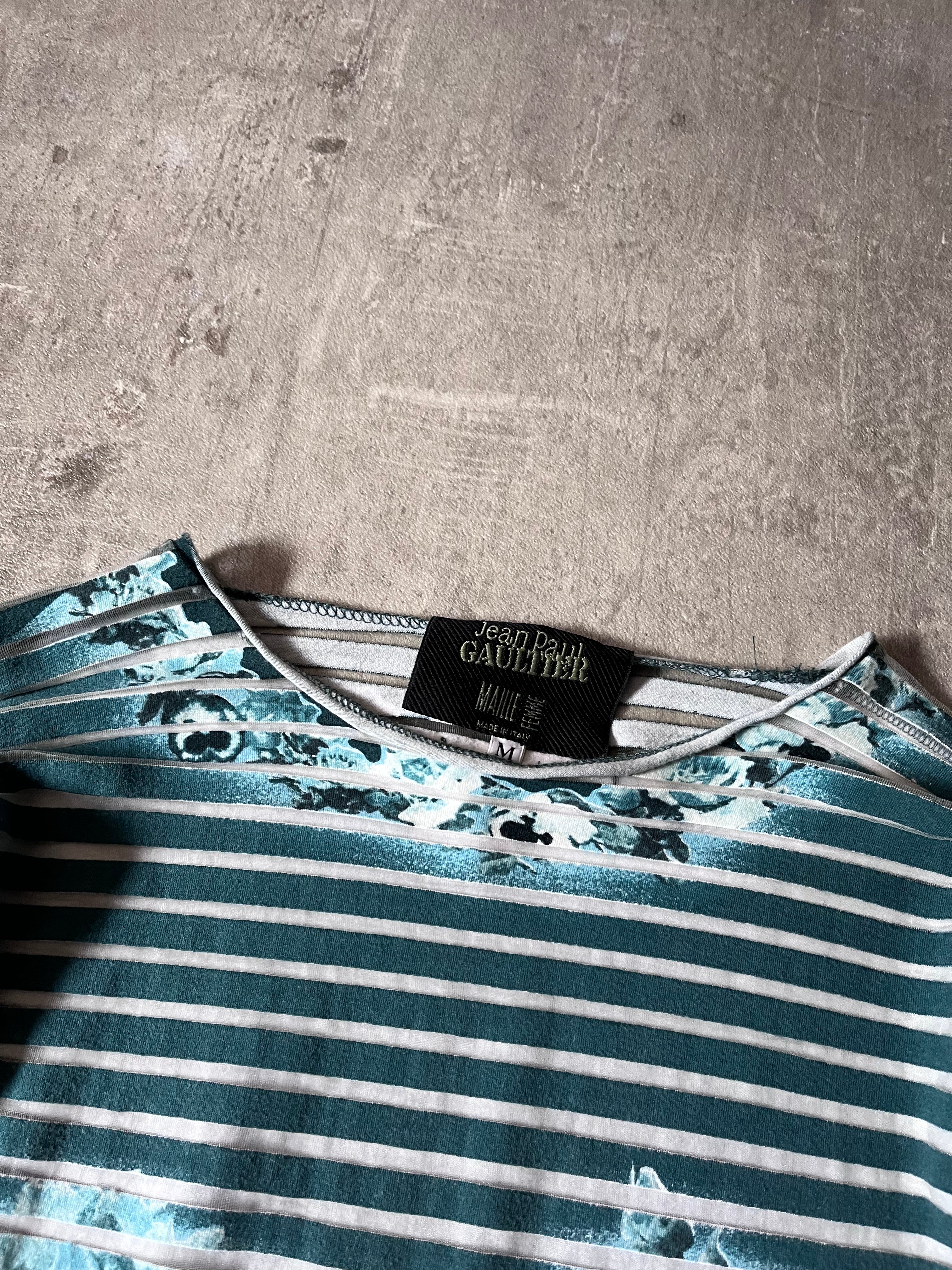 Jean Paul Gaultier Vintage Aqua Flower Mesh Top Striped 3/4 Long Sleeve Blue Women - M