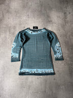 Jean Paul Gaultier Vintage Aqua Flower Mesh Top Striped 3/4 Long Sleeve Blue Women - M