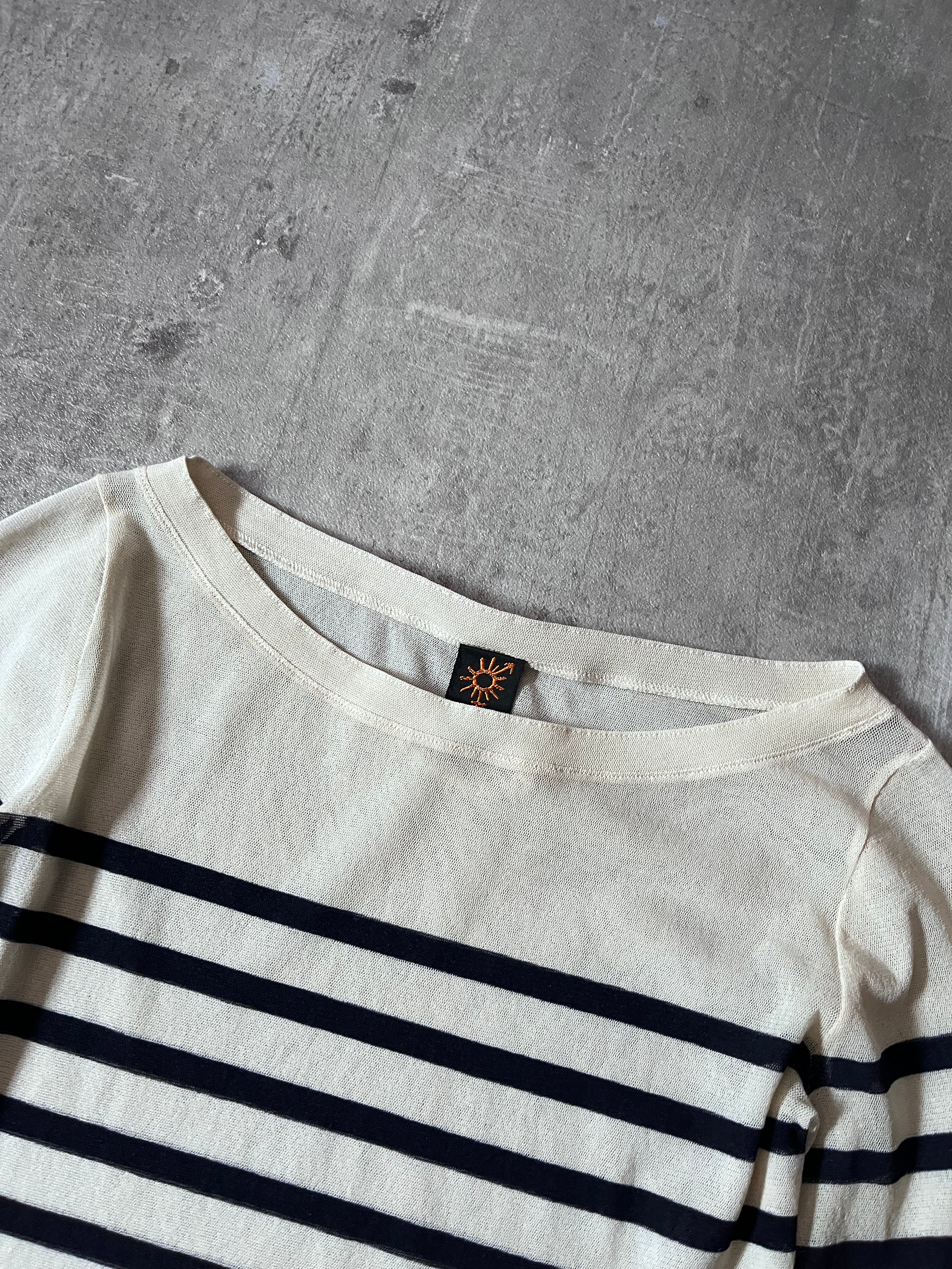 90s Jean Paul Gaultier Sailor Stripes Mesh Top Long Sleeve White Navy Women - S