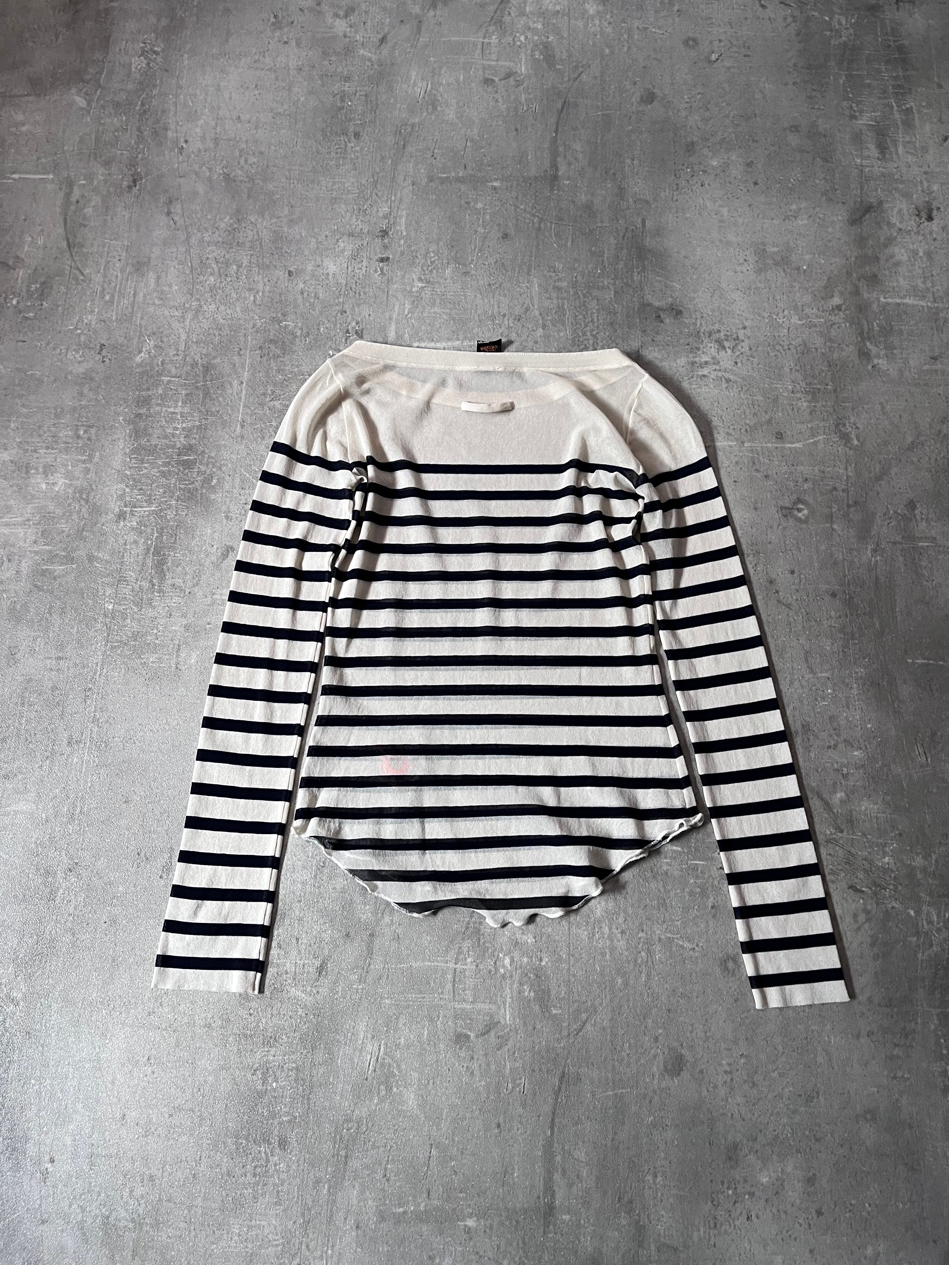 90s Jean Paul Gaultier Sailor Stripes Mesh Top Long Sleeve White Navy Women - S