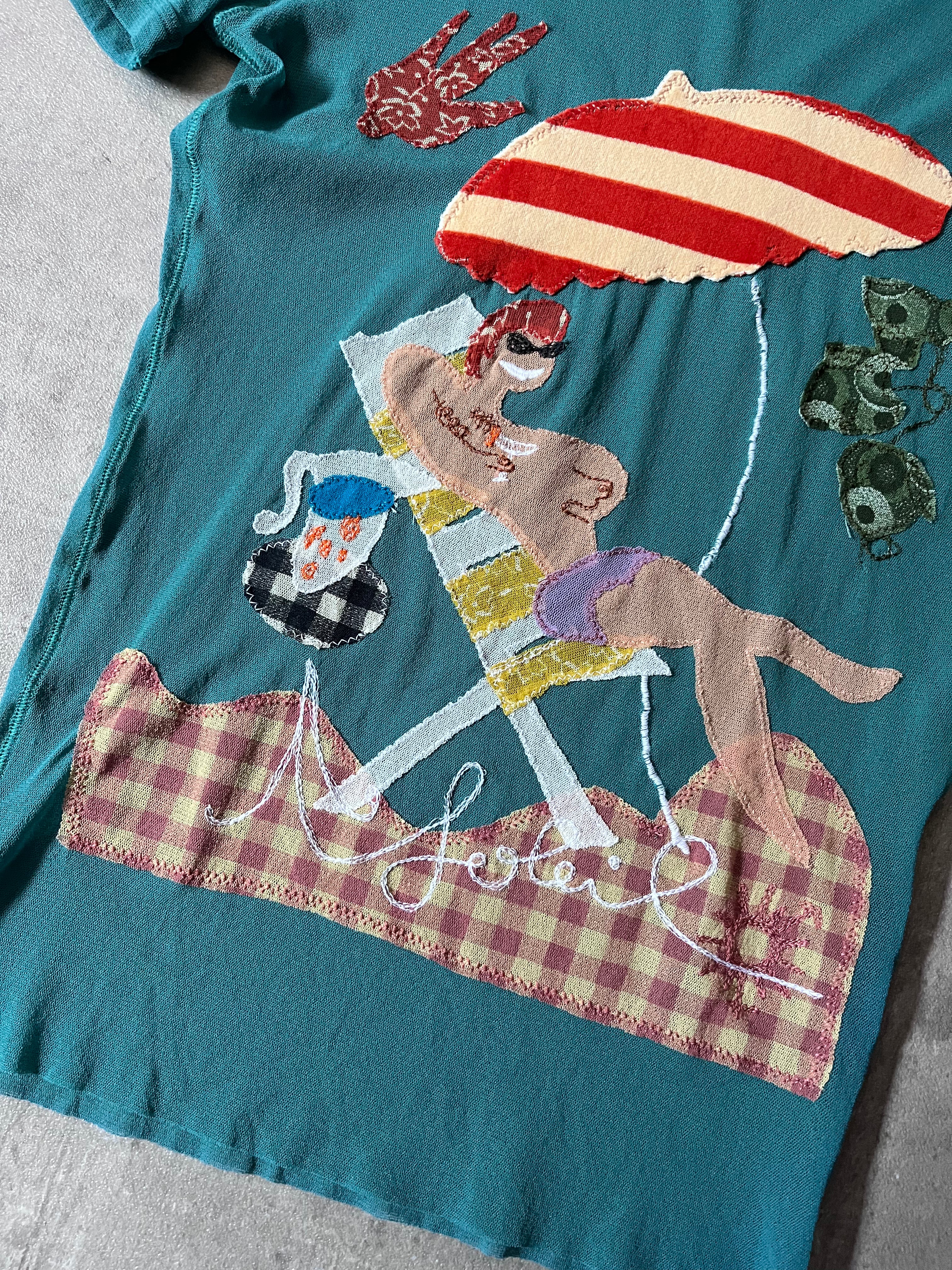 Jean Paul Gaultier Vintage Summery Beach Style Patches Mesh Top T-shirt Turquoise Unisex - M