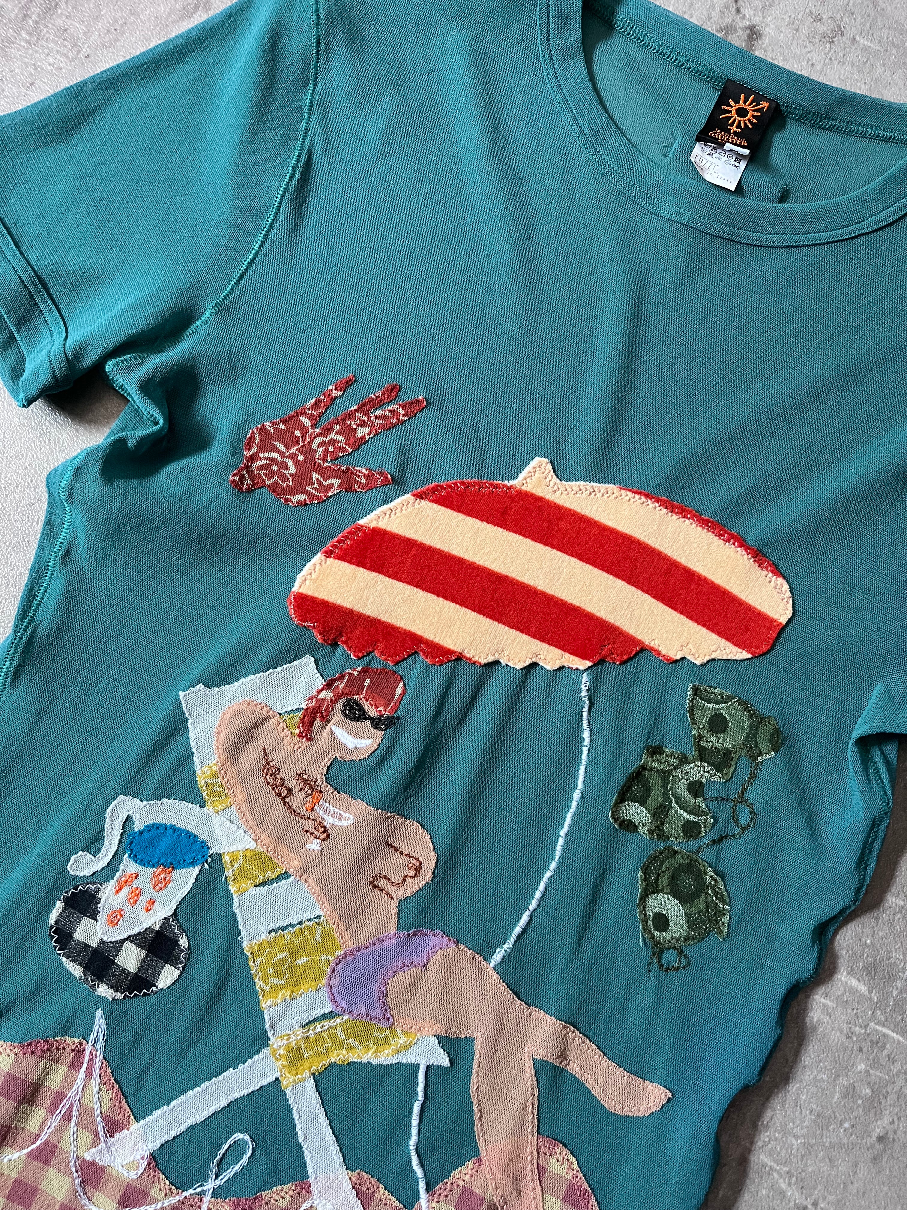 Jean Paul Gaultier Vintage Summery Beach Style Patches Mesh Top T-shirt Turquoise Unisex - M