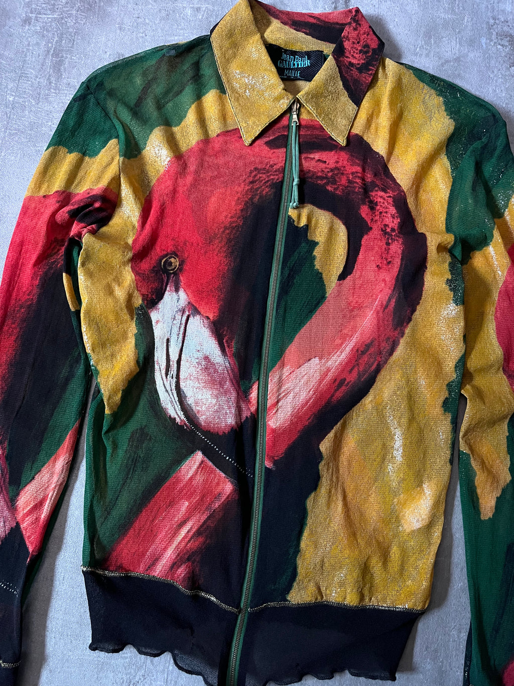 S/S 1996 Jean Paul Gaultier Flamingo All Over Print Mesh Jacket Multicolor Unisex - L