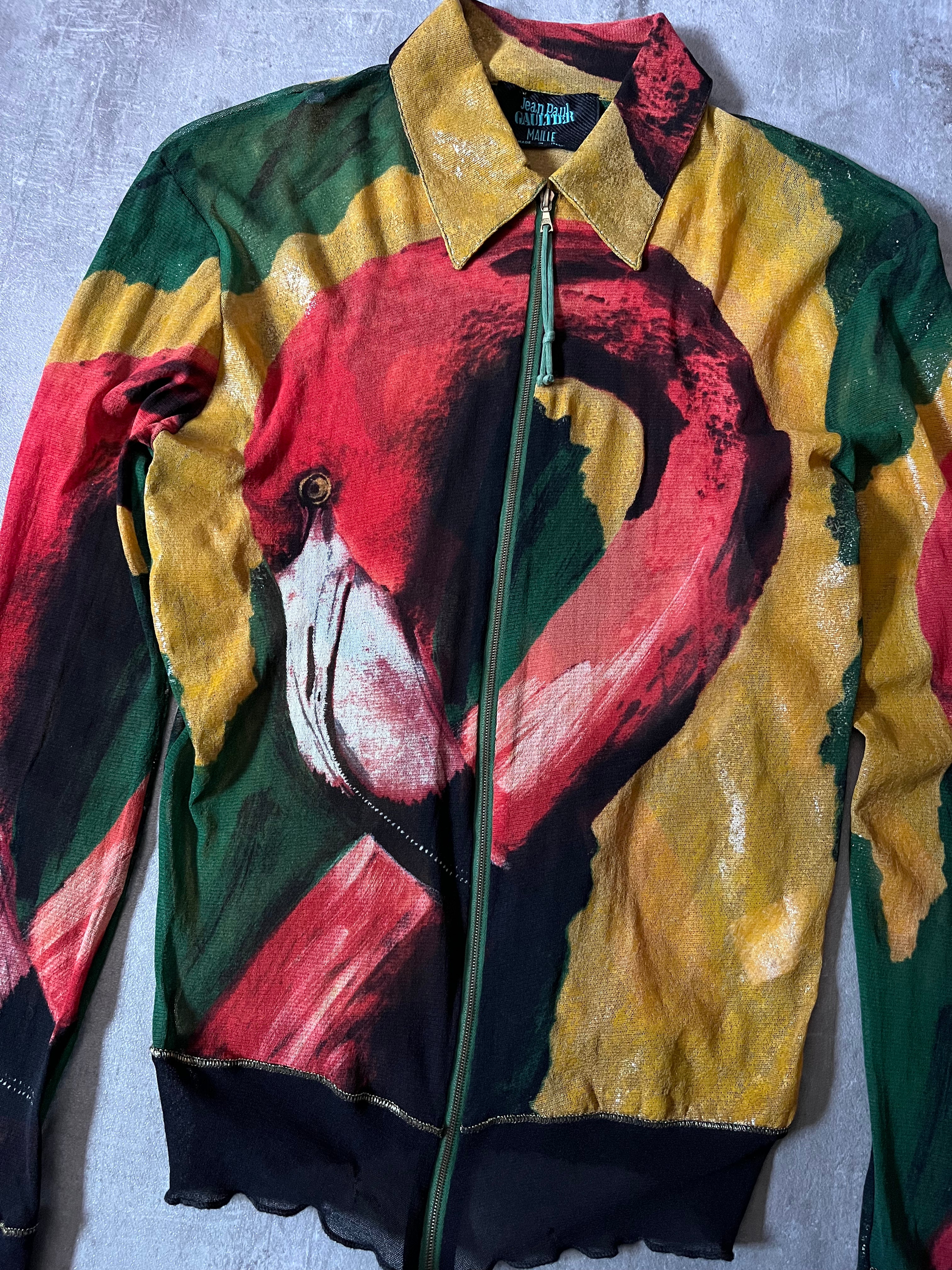 S/S 1996 Jean Paul Gaultier Flamingo All Over Print Mesh Jacket Multicolor Unisex - L