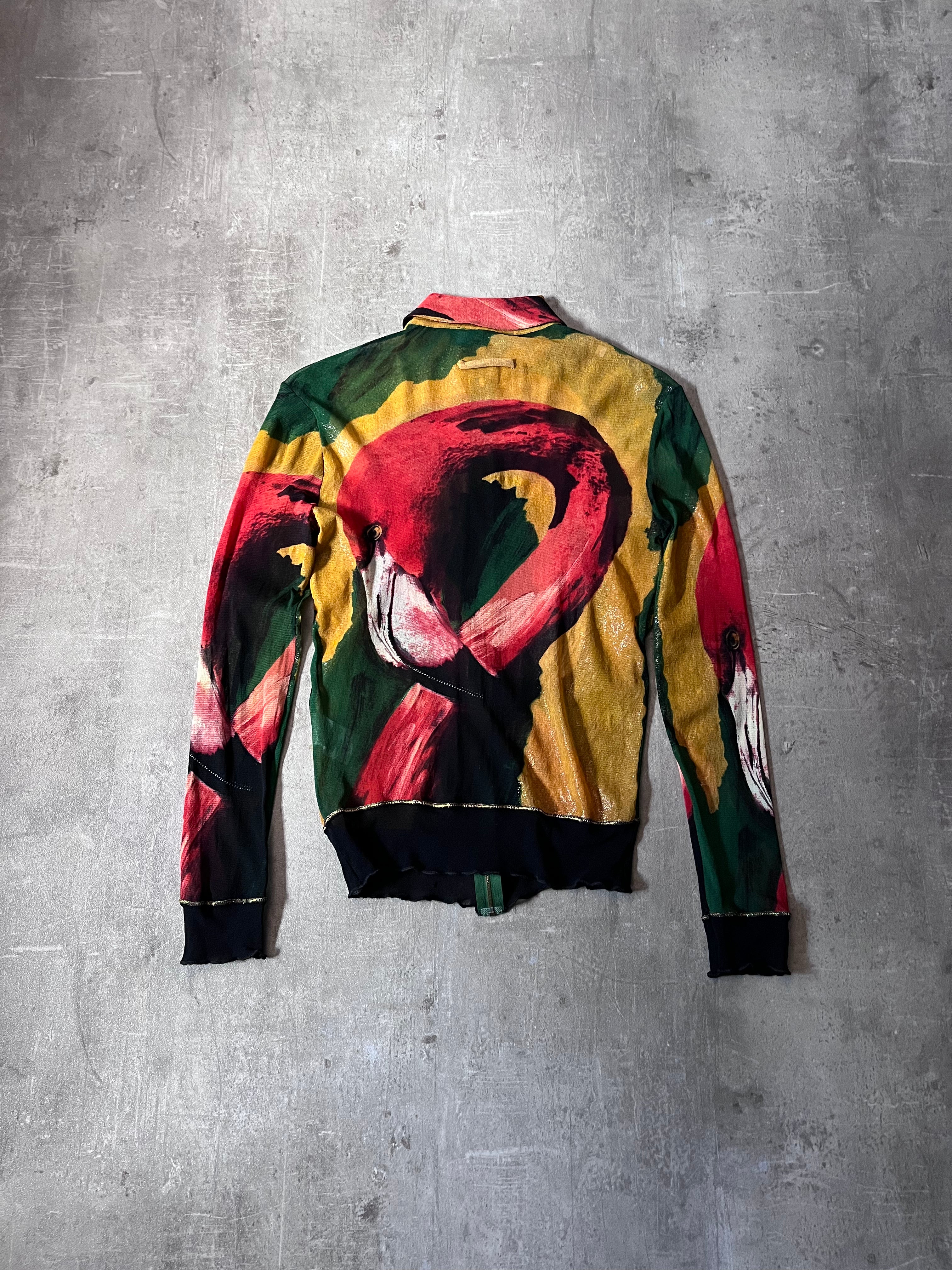 S/S 1996 Jean Paul Gaultier Flamingo All Over Print Mesh Jacket Multicolor Unisex - L