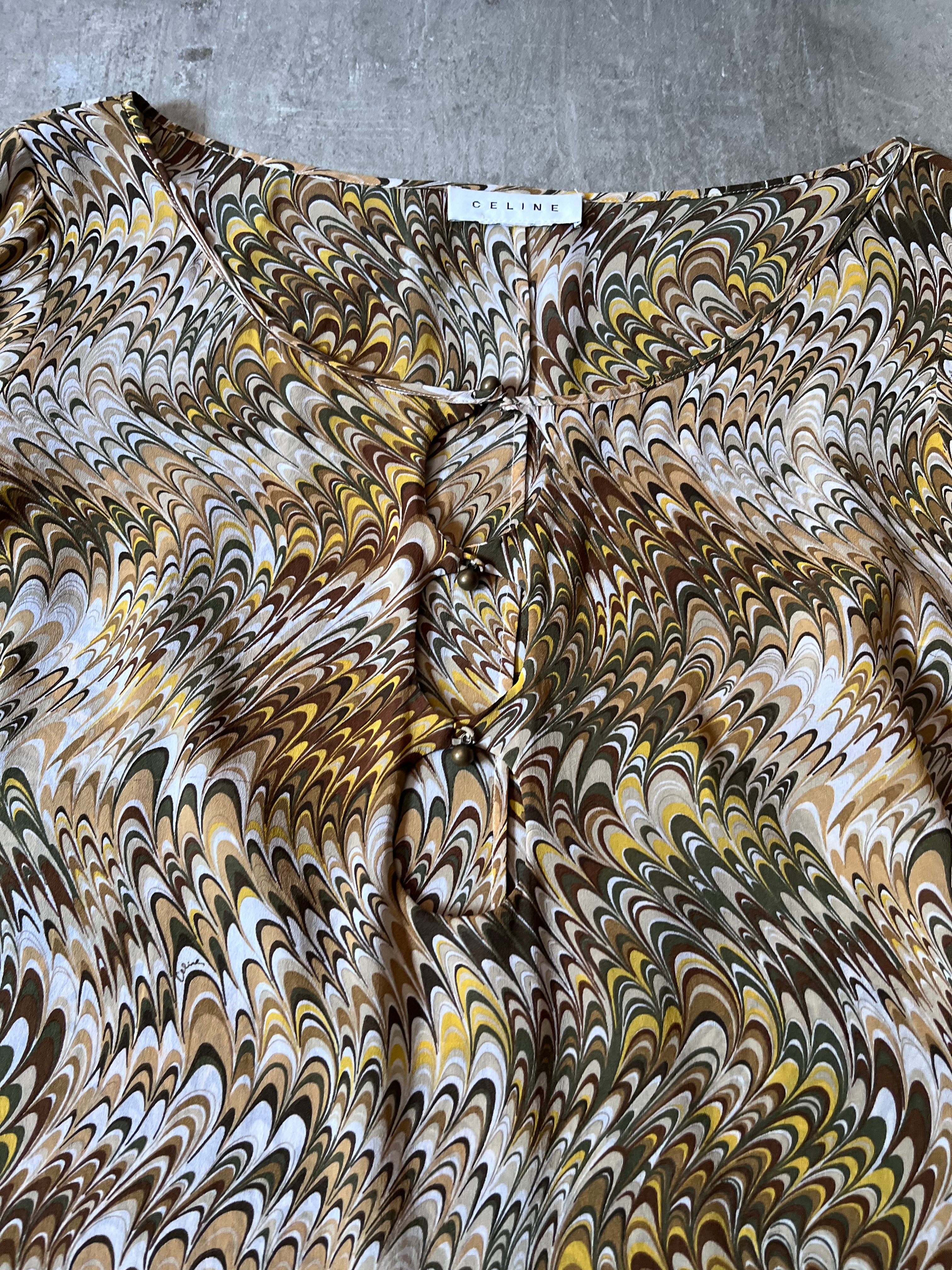 Celine Vintage All Over Print Silk Long Sleeve Beige Green Women - L