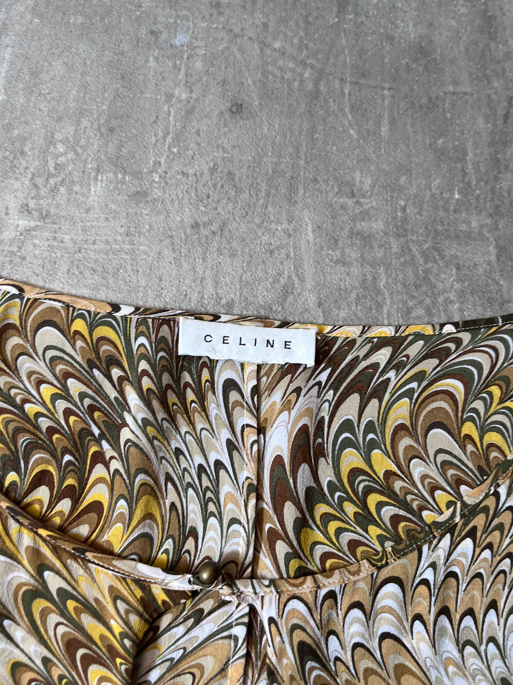 Celine Vintage All Over Print Silk Long Sleeve Beige Green Women - L