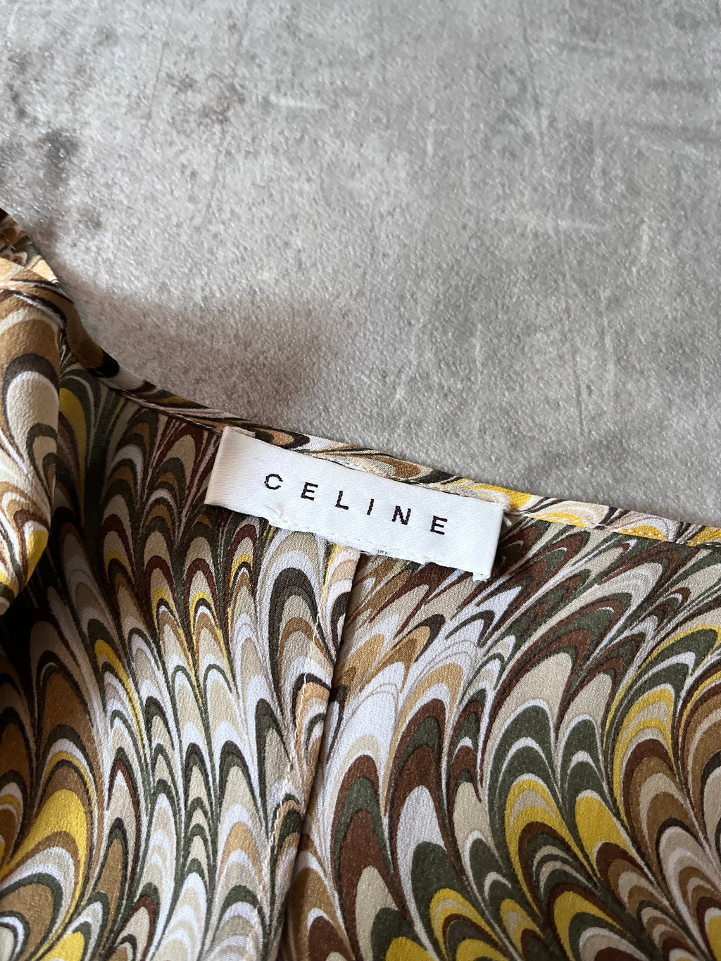 Celine Vintage All Over Print Silk Long Sleeve Beige Green Women - L
