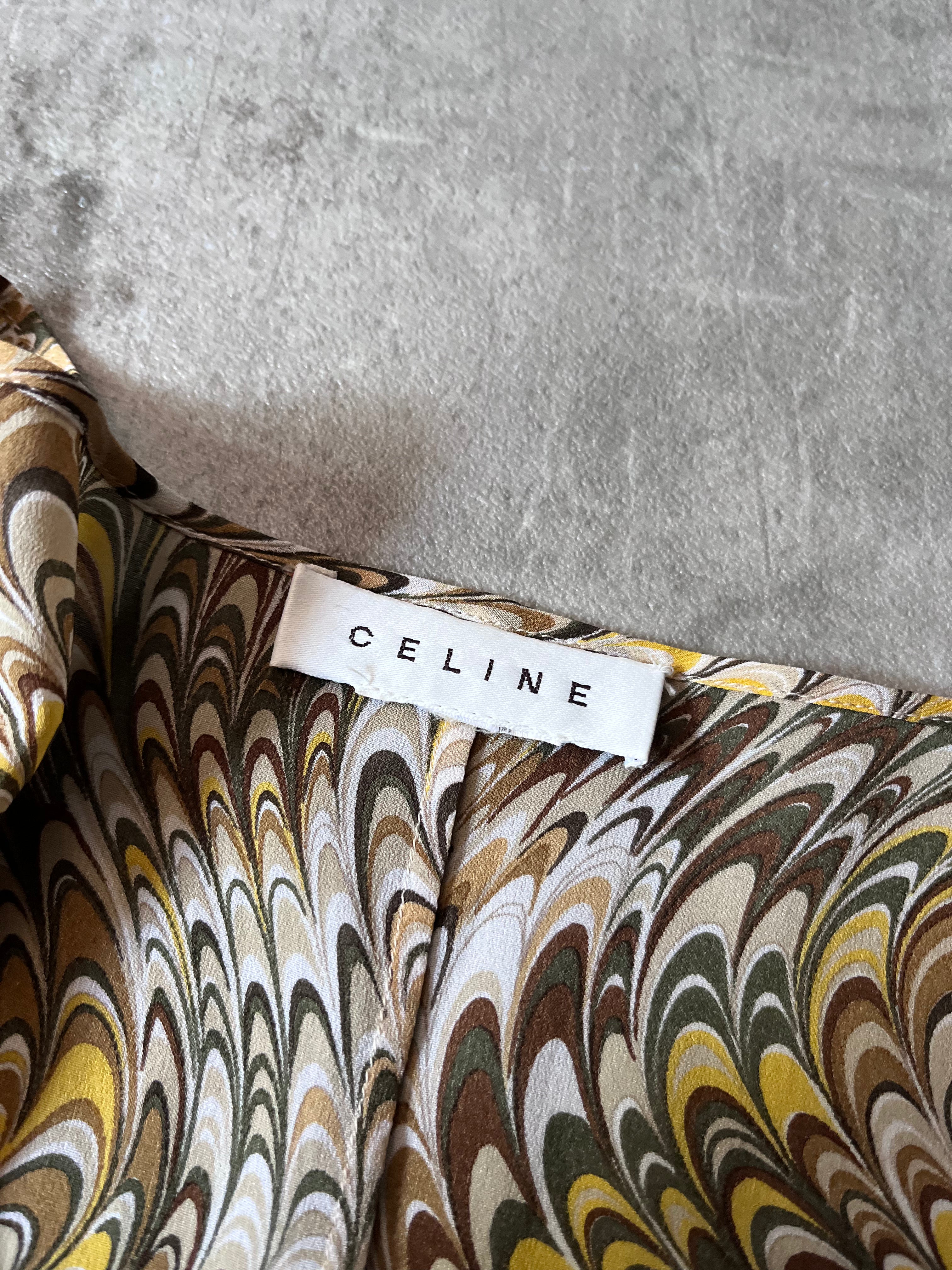 Celine Vintage All Over Print Silk Long Sleeve Beige Green Women - L