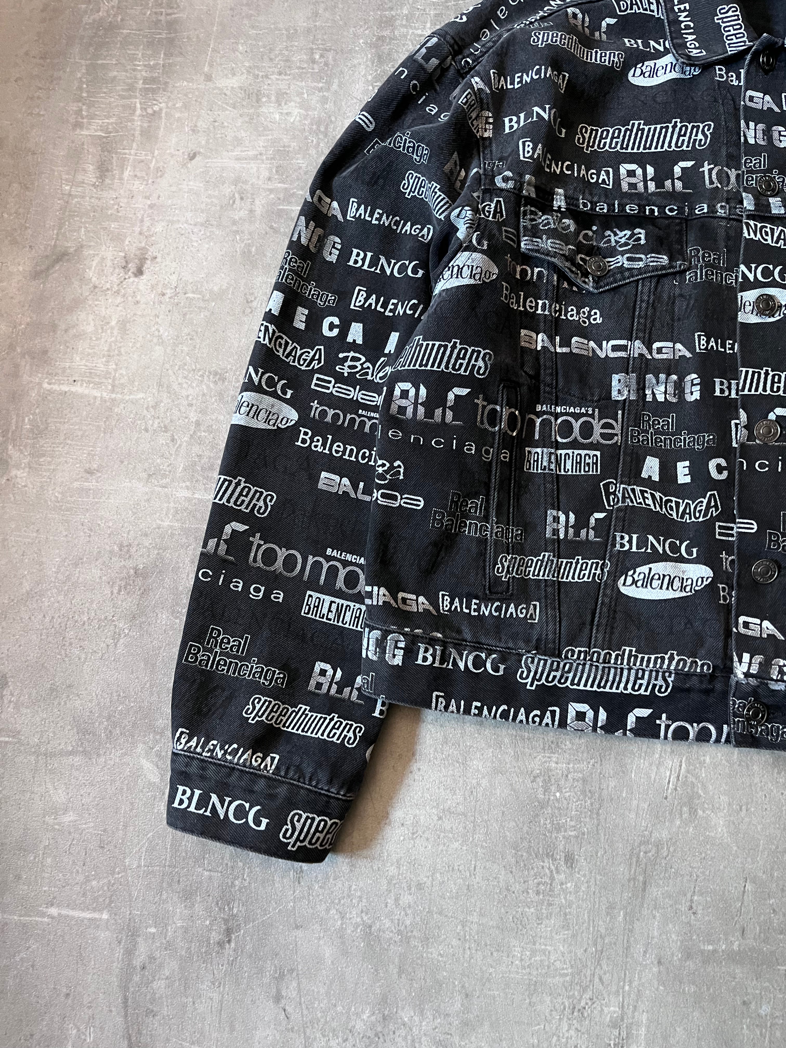 Balenciaga All Over Logo Print Denim Jacket Black Men - L