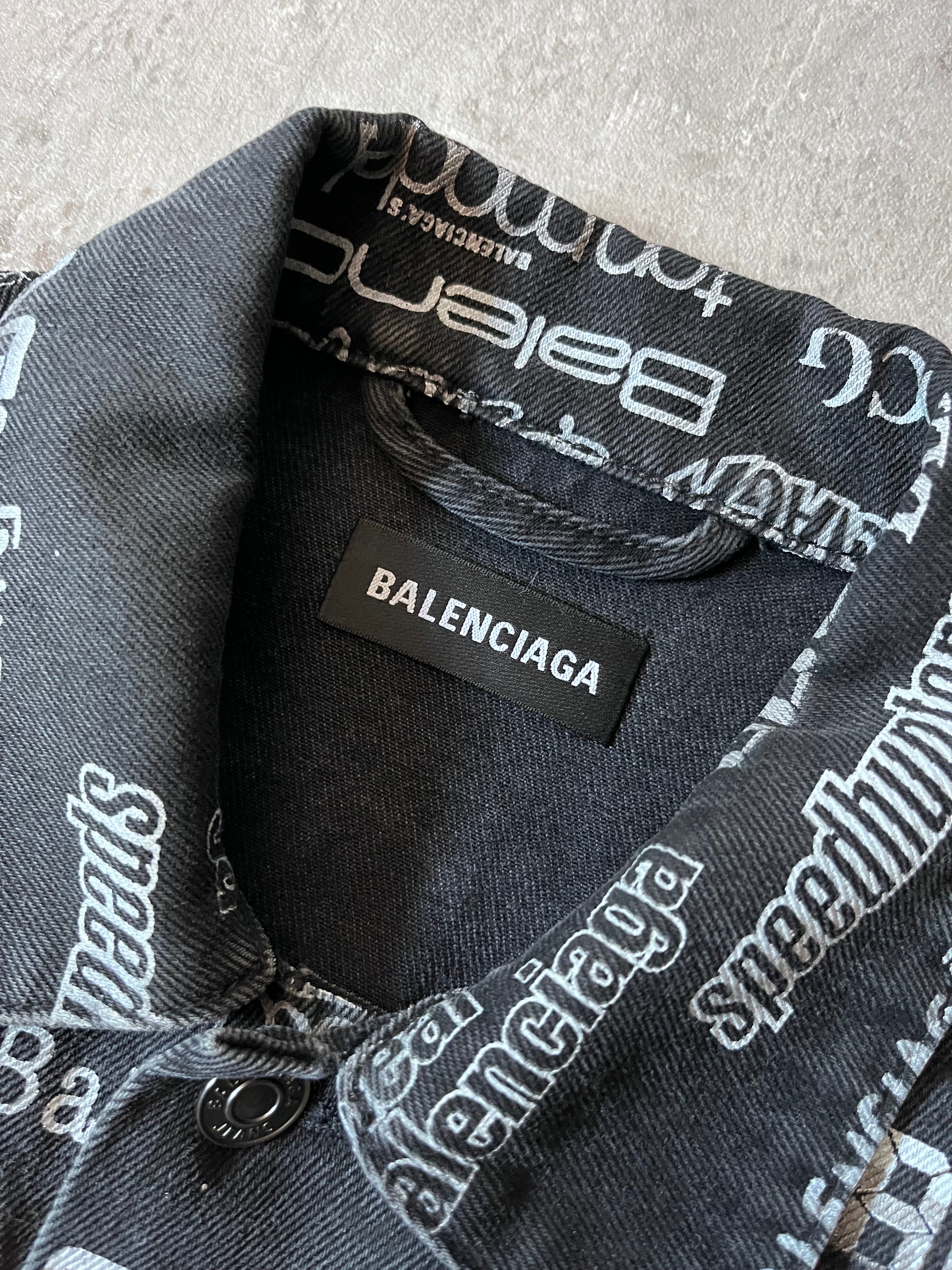 Balenciaga All Over Logo Print Denim Jacket Black Men - L