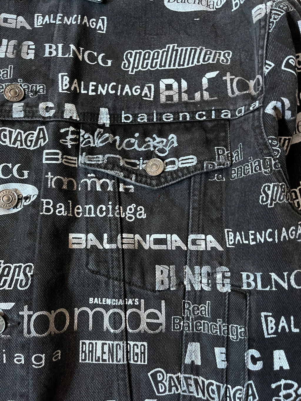 Balenciaga All Over Logo Print Denim Jacket Black Men - L