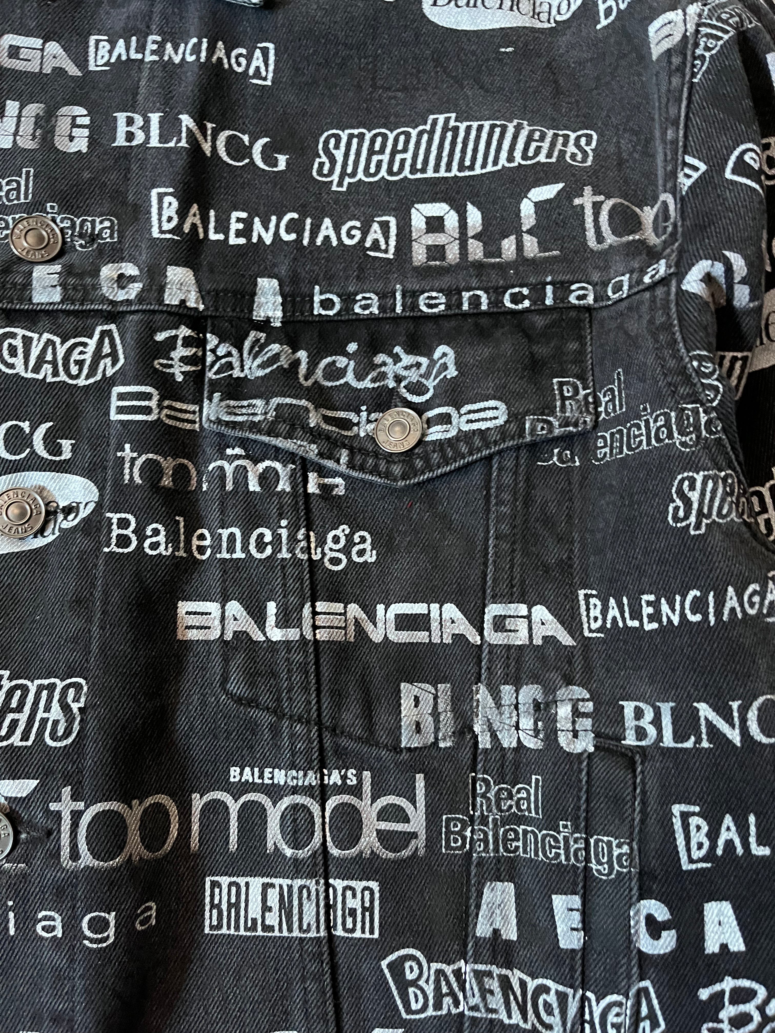 Balenciaga All Over Logo Print Denim Jacket Black Men - L