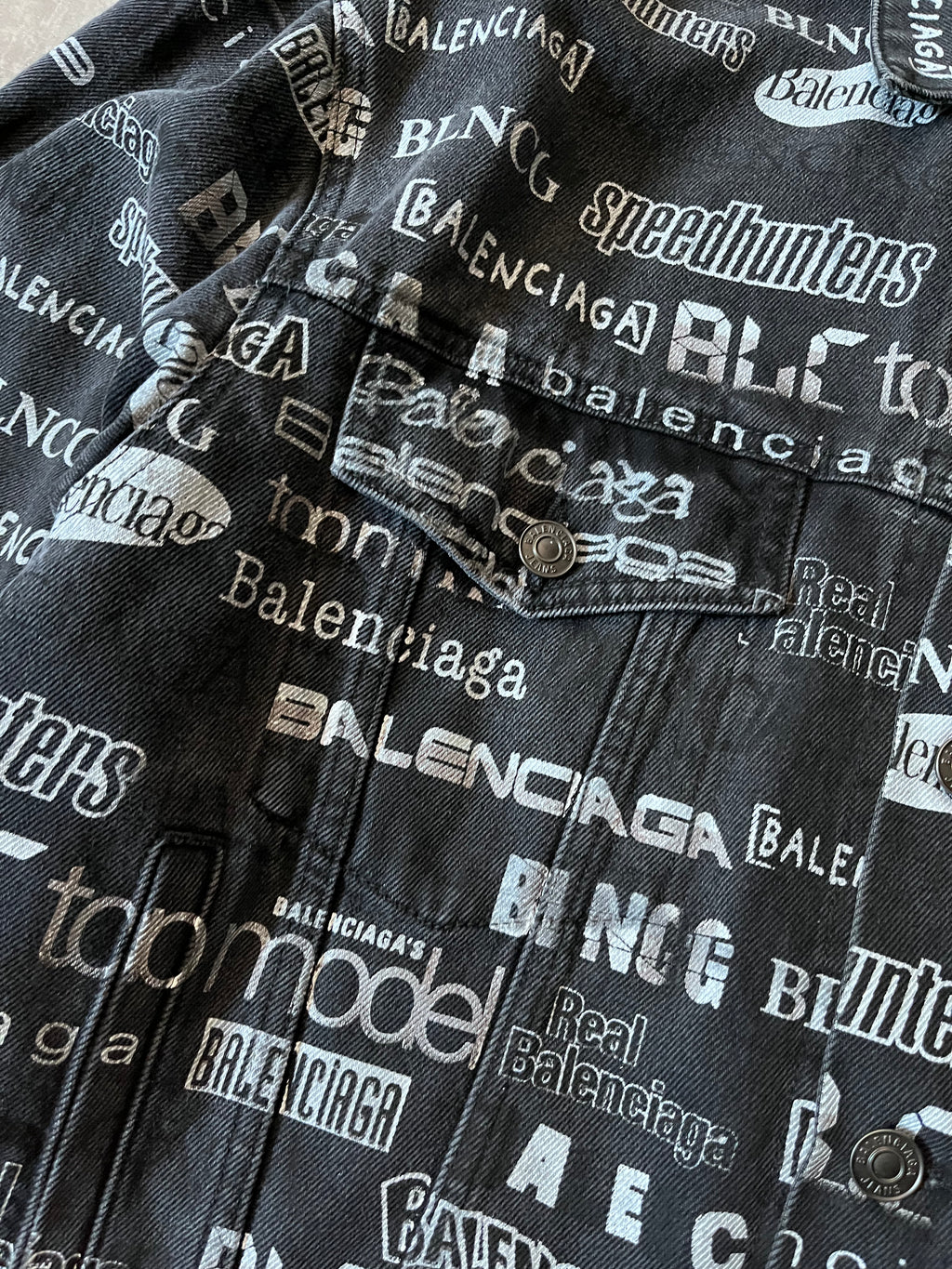 Balenciaga All Over Logo Print Denim Jacket Black Men - L