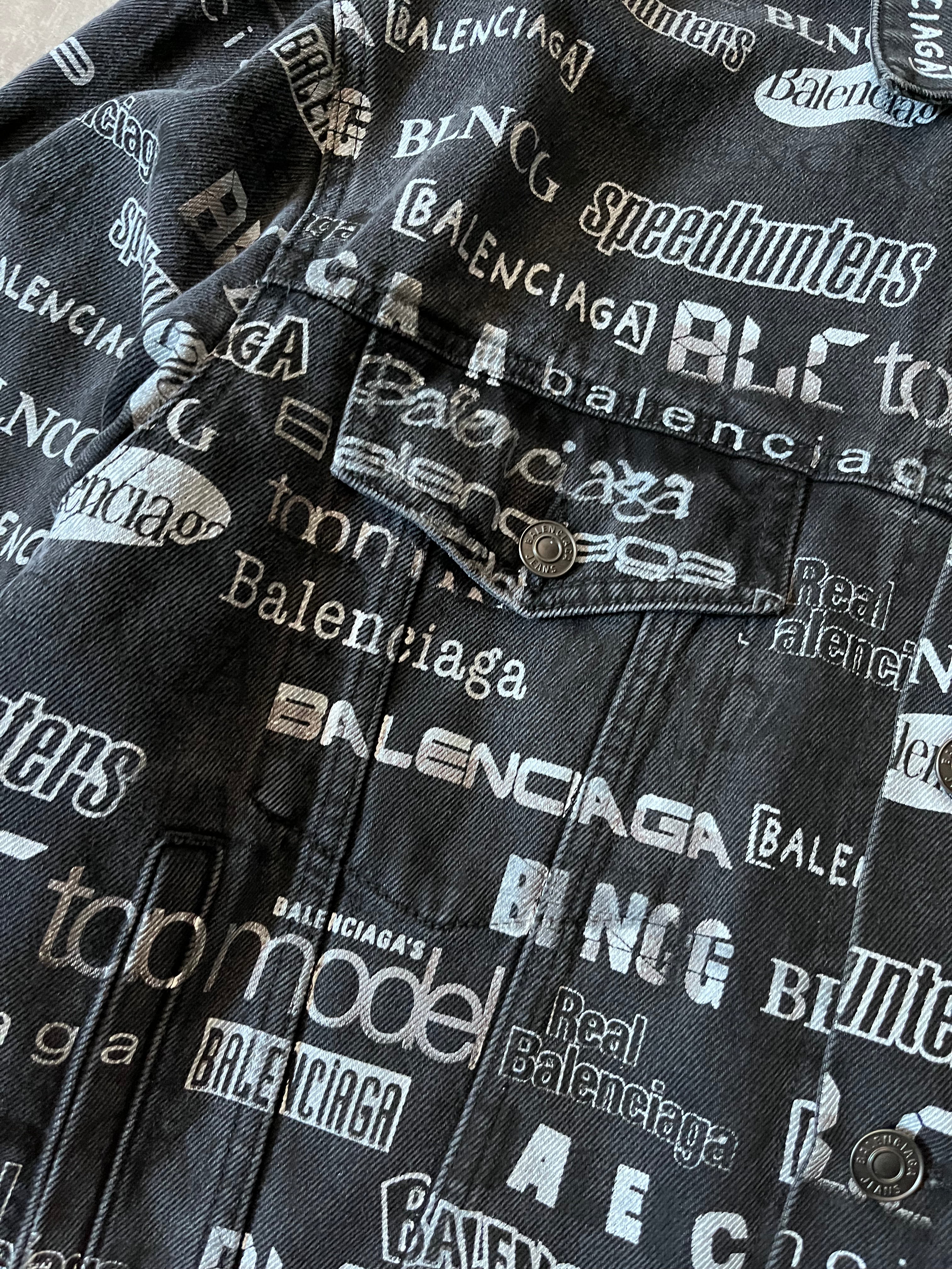 Balenciaga All Over Logo Print Denim Jacket Black Men - L