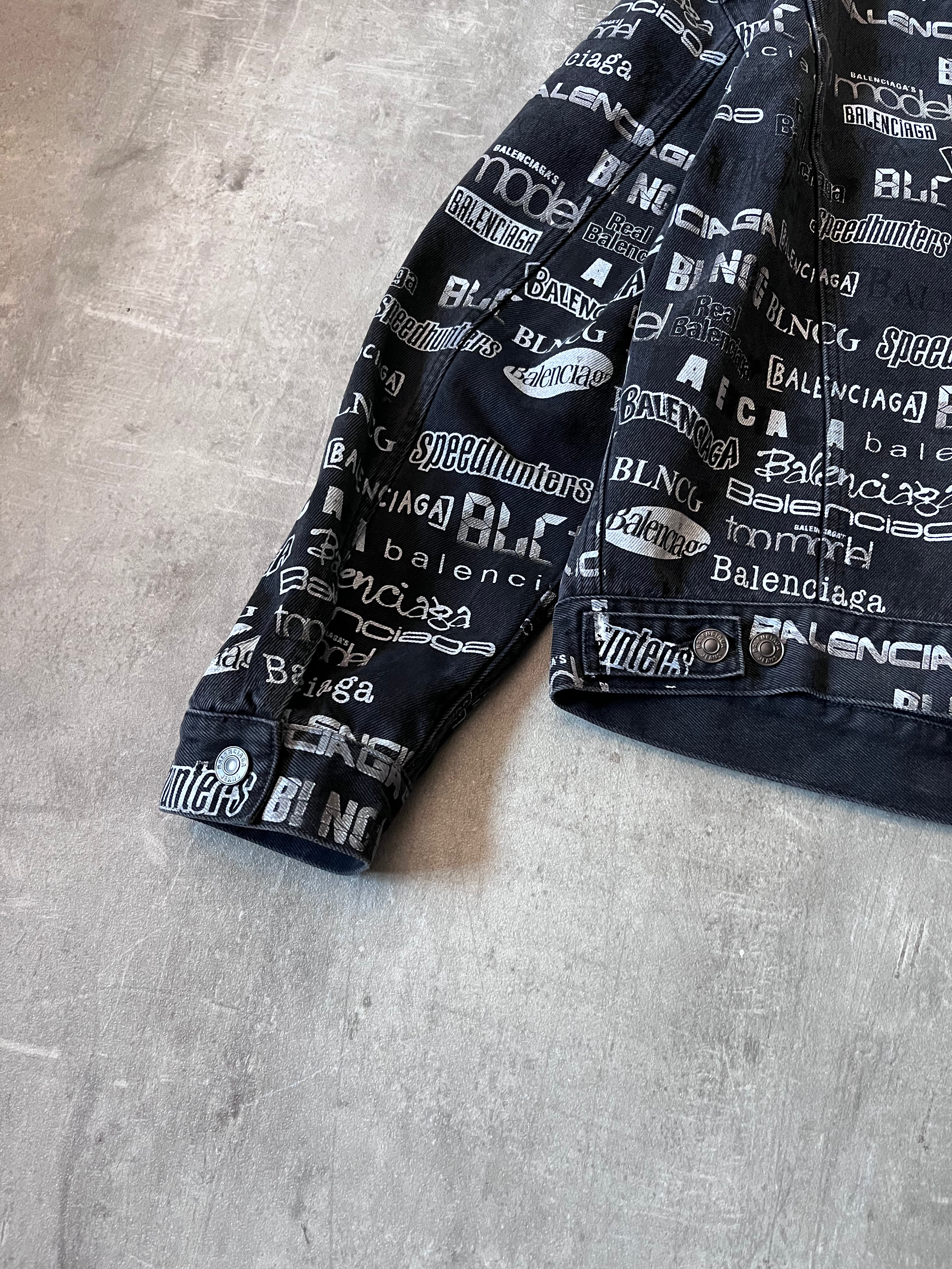 Balenciaga All Over Logo Print Denim Jacket Black Men - L
