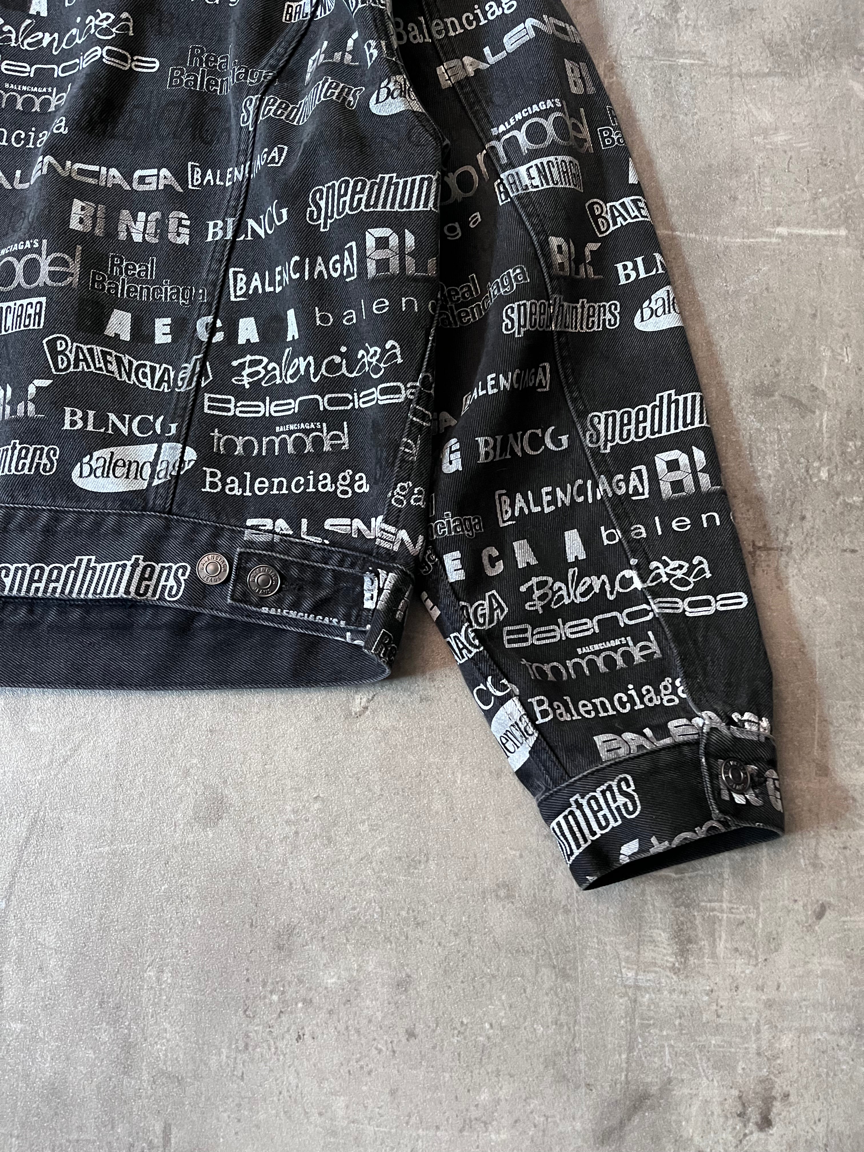 Balenciaga All Over Logo Print Denim Jacket Black Men - L