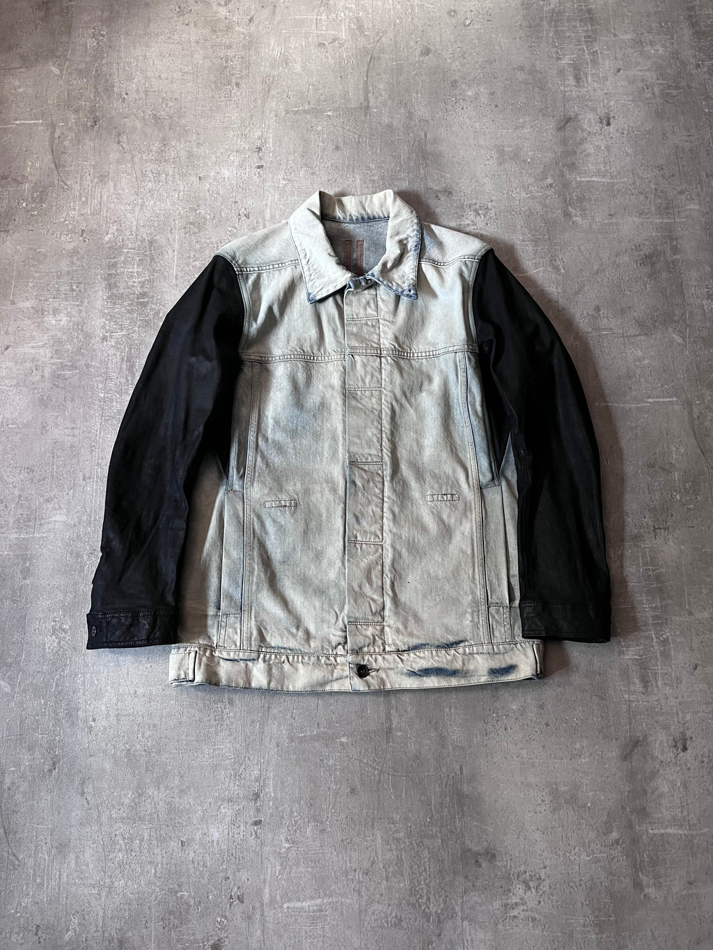 Rick Owens Hybrid Denim Leather Trucker Jacket Grey Black Blue Men - L