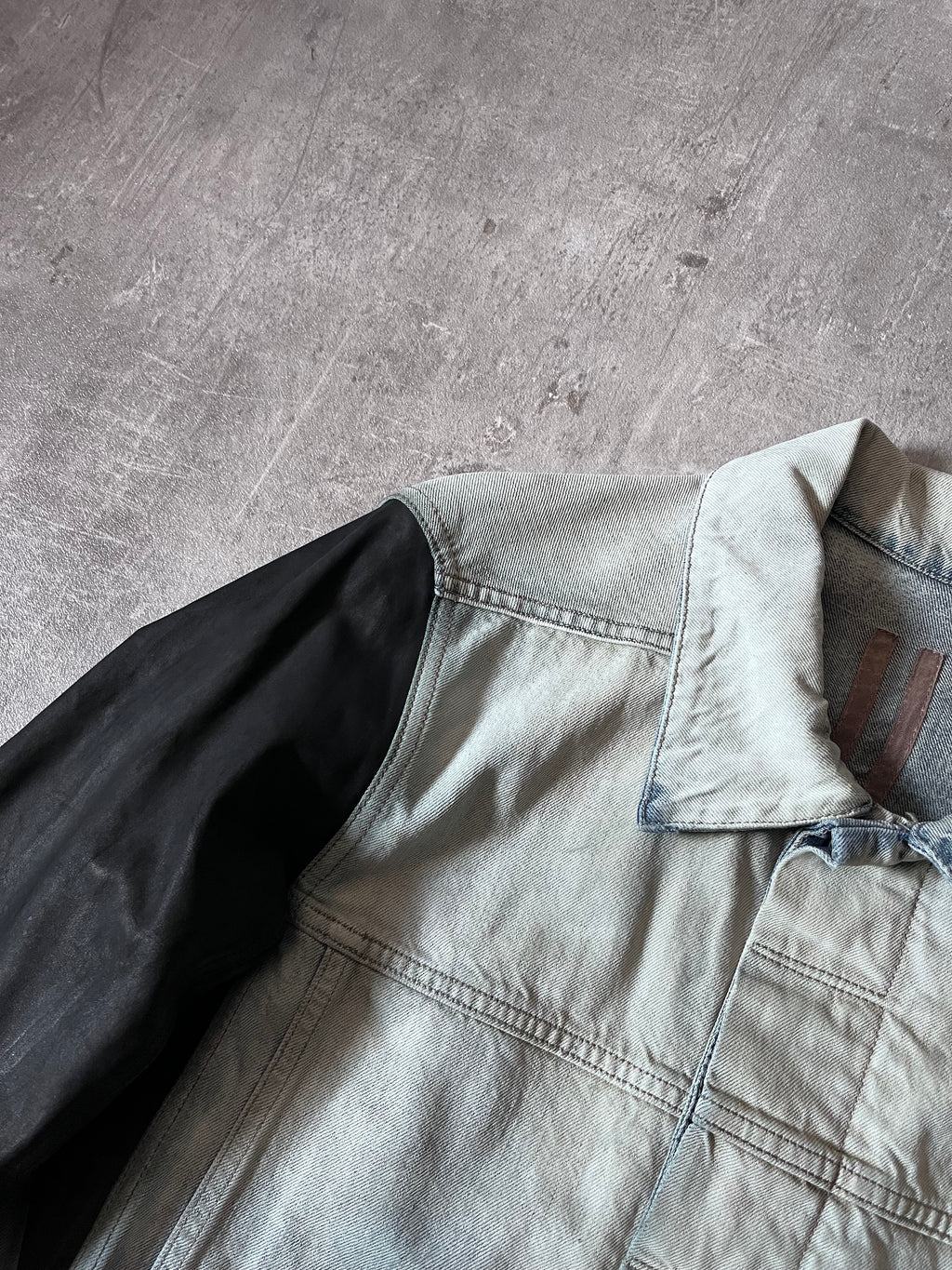 Rick Owens Hybrid Denim Leather Trucker Jacket Grey Black Blue Men - L