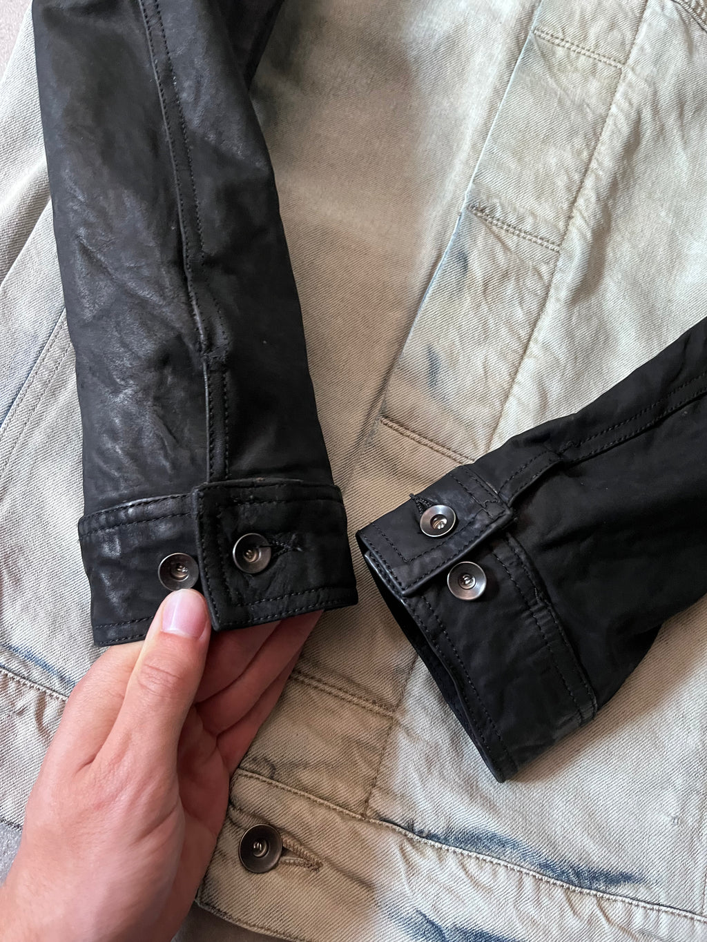 Rick Owens Hybrid Denim Leather Trucker Jacket Grey Black Blue Men - L