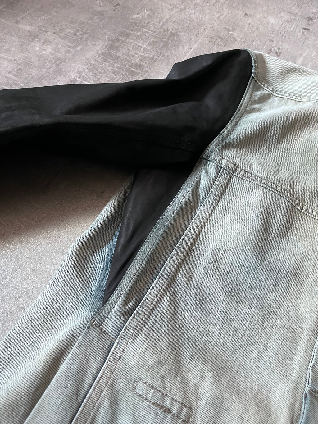 Rick Owens Hybrid Denim Leather Trucker Jacket Grey Black Blue Men - L